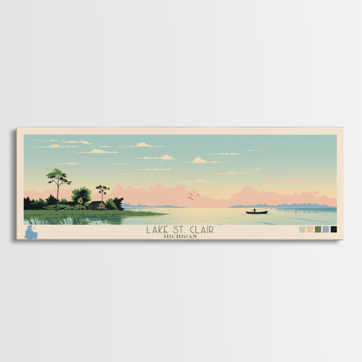 Lake St. Clair Michigan Framed Canvas Print, Panoramic Wall Art, Midcentury Modern, Pop Art, Bedroom Art, Travel Poster, Lake House Decor