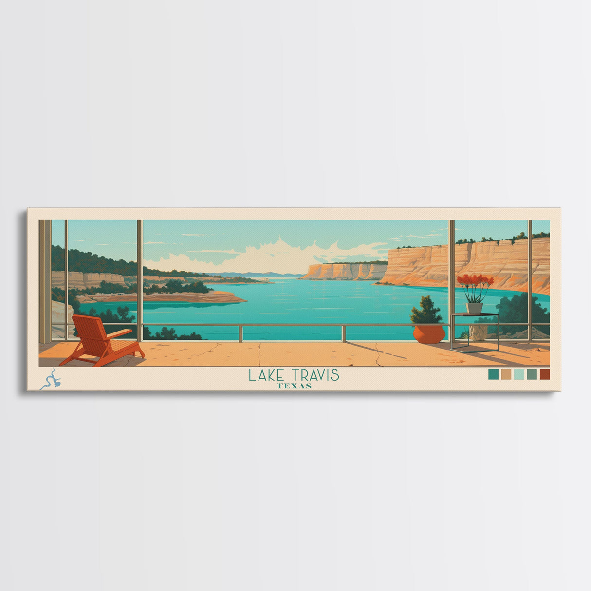 Lake Travis Texas Framed Canvas Print, Panoramic Wall Art, Midcentury Modern, Pop Art, Living Room Decor, Travel Poster, Lake House Art