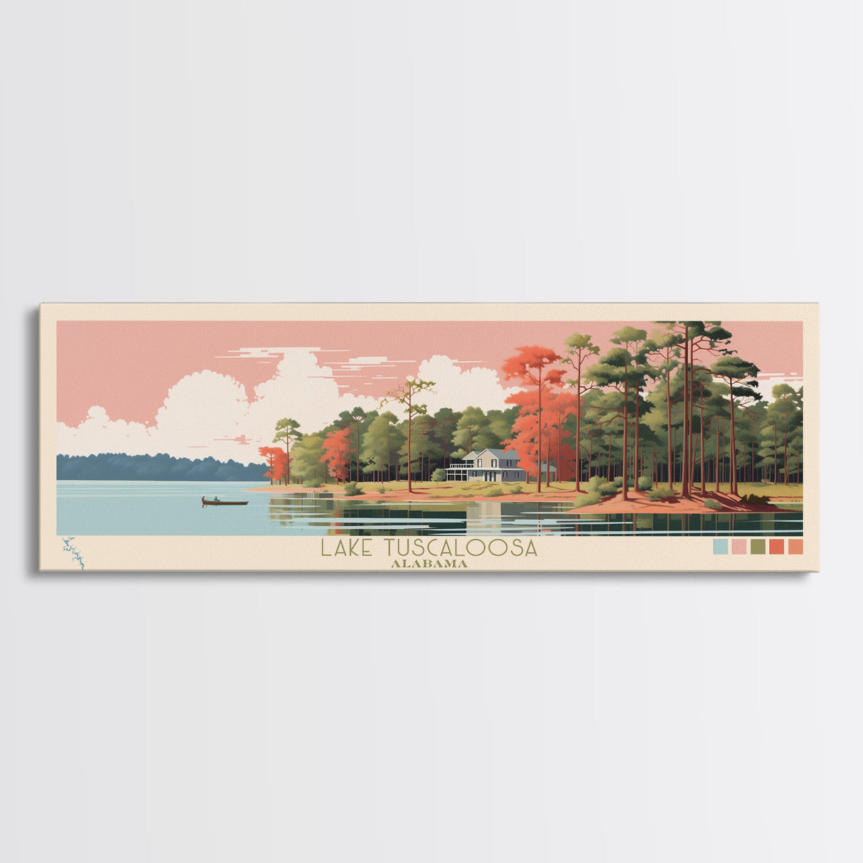 Lake Tuscaloosa, Alabama Panoramic Wall Art Framed Canvas Print, Midcentury Modern, Pop Art, Home Decor, Travel Poster, Bedroom Art