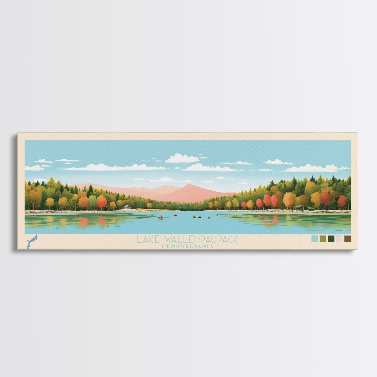 Lake Wallenpaupack, Pennsylvania Panoramic Wall Art Framed Canvas Print, Midcentury Modern, Pop Art, Home Decor, Travel Poster, Living Room Art