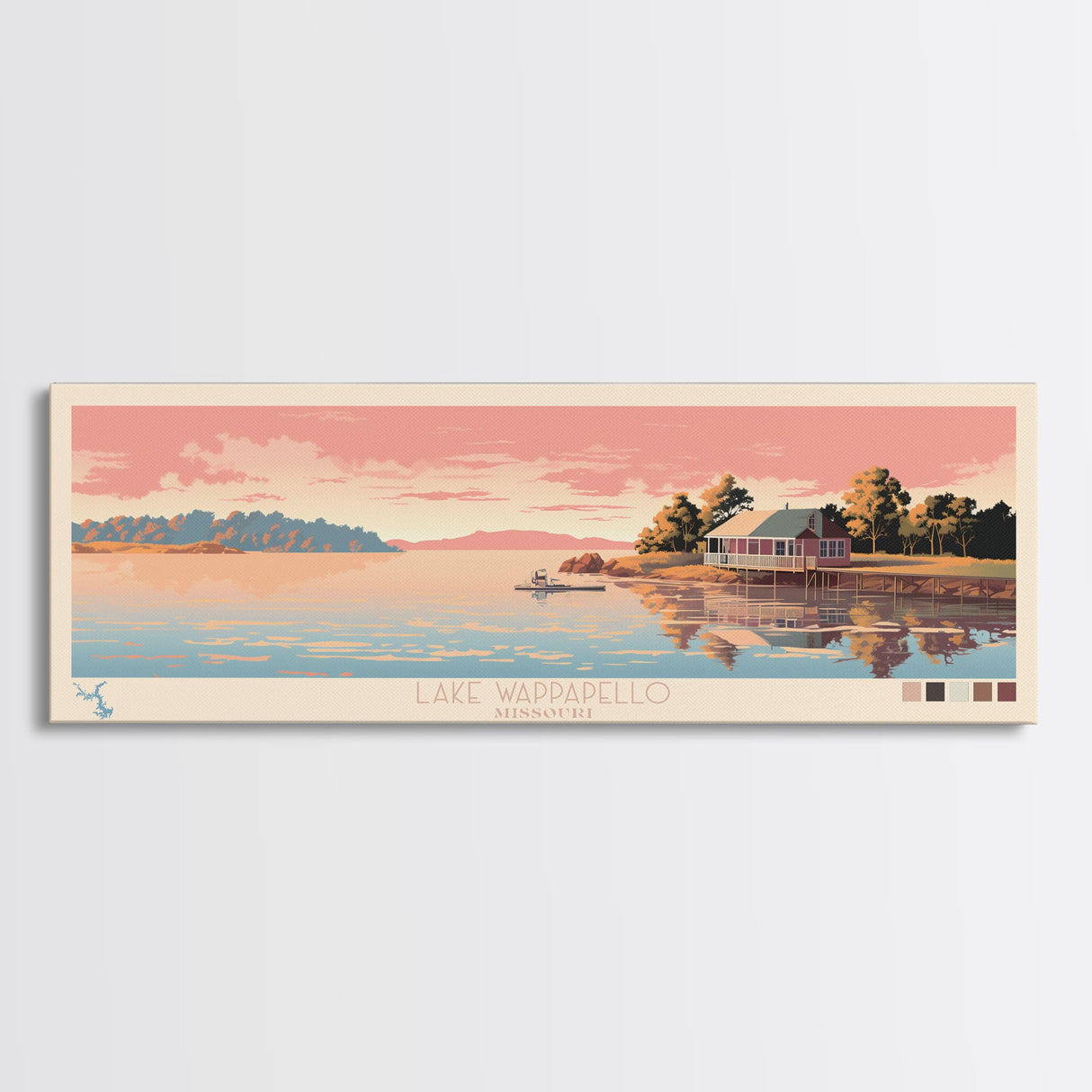 Lake Wappapello, Missouri Panoramic Wall Art Framed Canvas Print, Midcentury Modern, Pop Art, Home Decor, Travel Poster, Bedroom Art