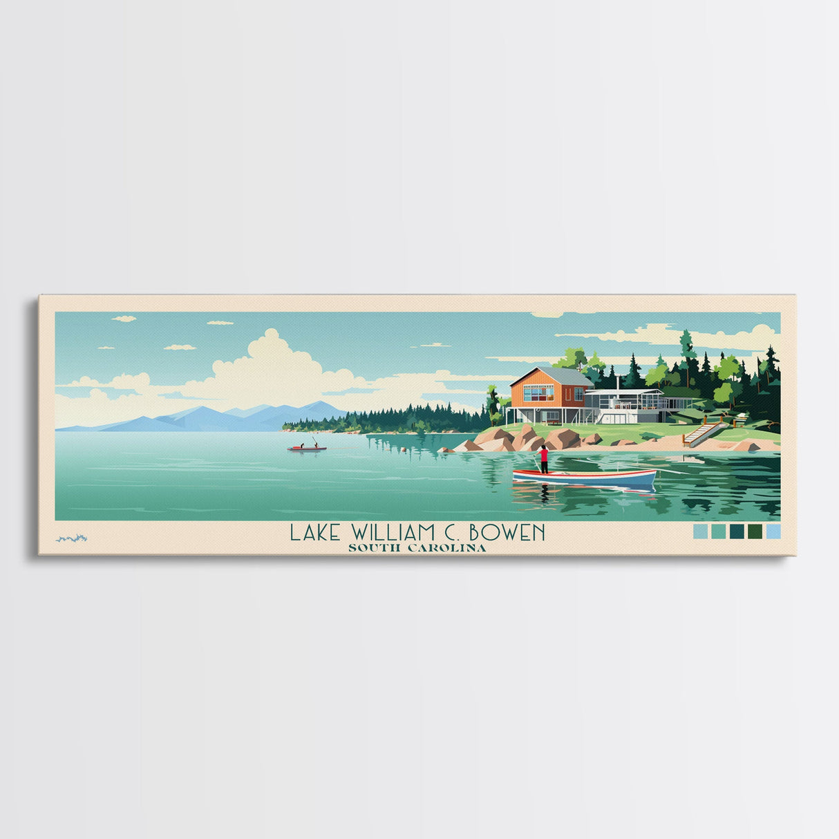 Lake William C. Bowen, South Carolina Panoramic Wall Art Framed Canvas Print, Midcentury Modern, Pop Art, Home Decor, Travel Poster, Bedroom Art