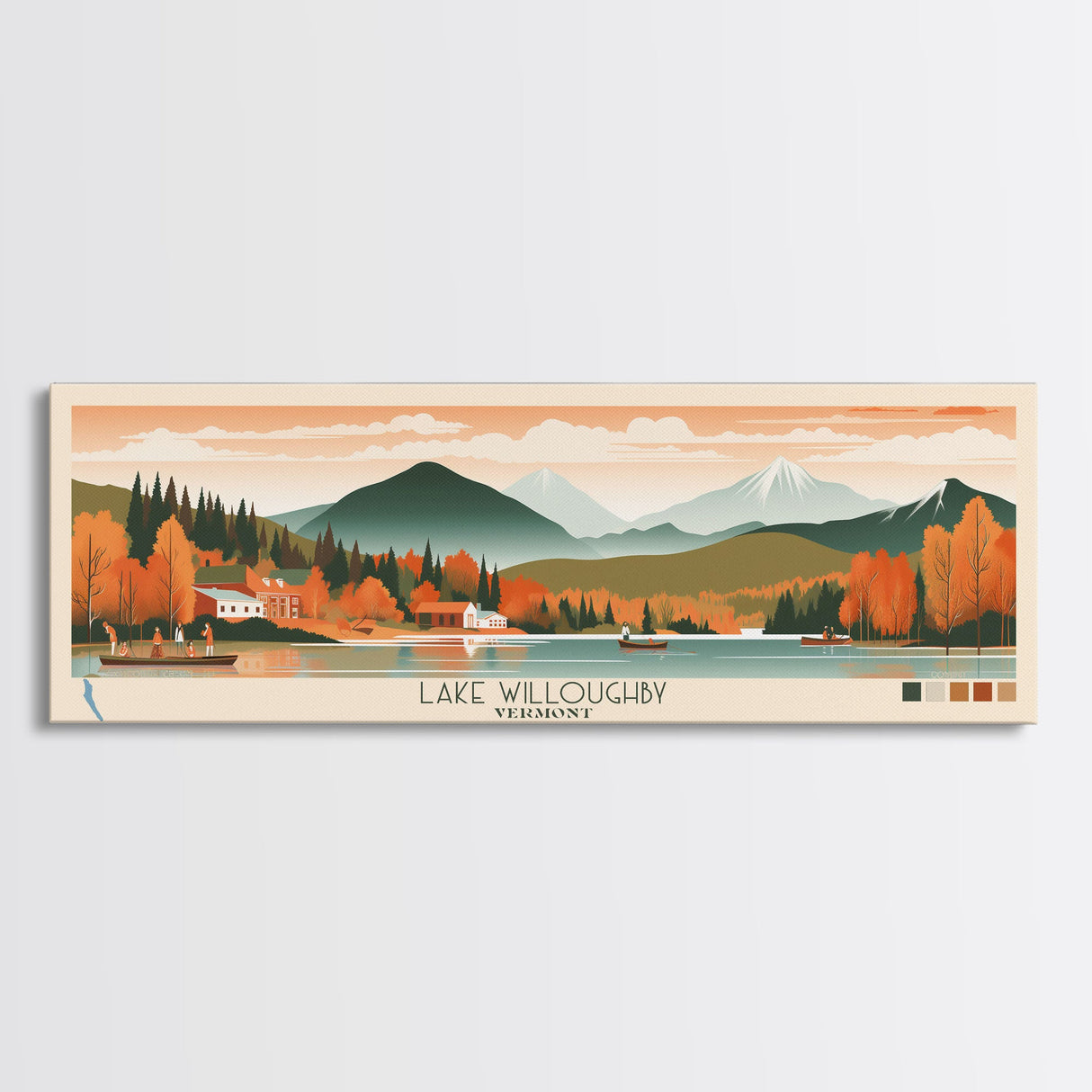 Lake Willoughby, Vermont Panoramic Wall Art Framed Canvas Print, Midcentury Modern, Pop Art, Home Decor, Travel Poster, Living Room Art