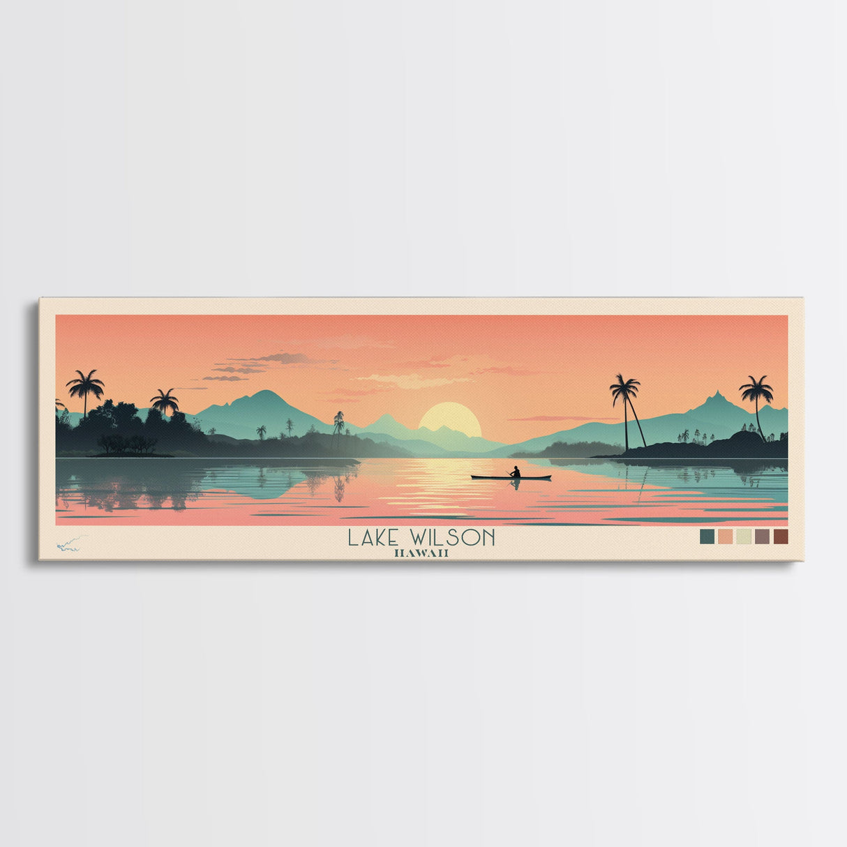 Lake Wilson, Hawaii Panoramic Wall Art Framed Canvas Print, Midcentury Modern, Pop Art, Home Decor, Travel Poster, Living Room Art