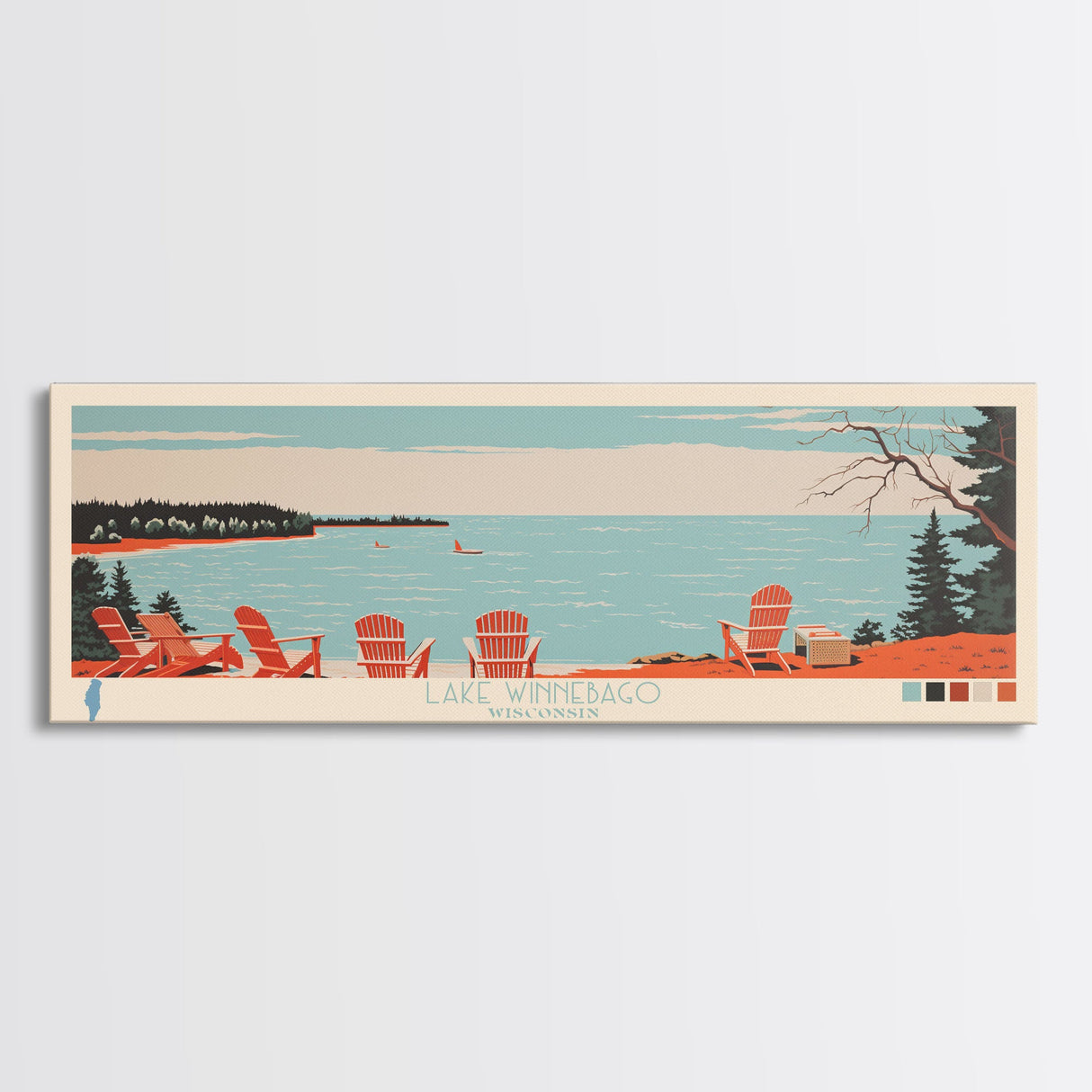 Lake Winnebago, Wisconsin Panoramic Wall Art Framed Canvas Print, Midcentury Modern, Pop Art, Home Decor, Travel Poster, Living Room Art