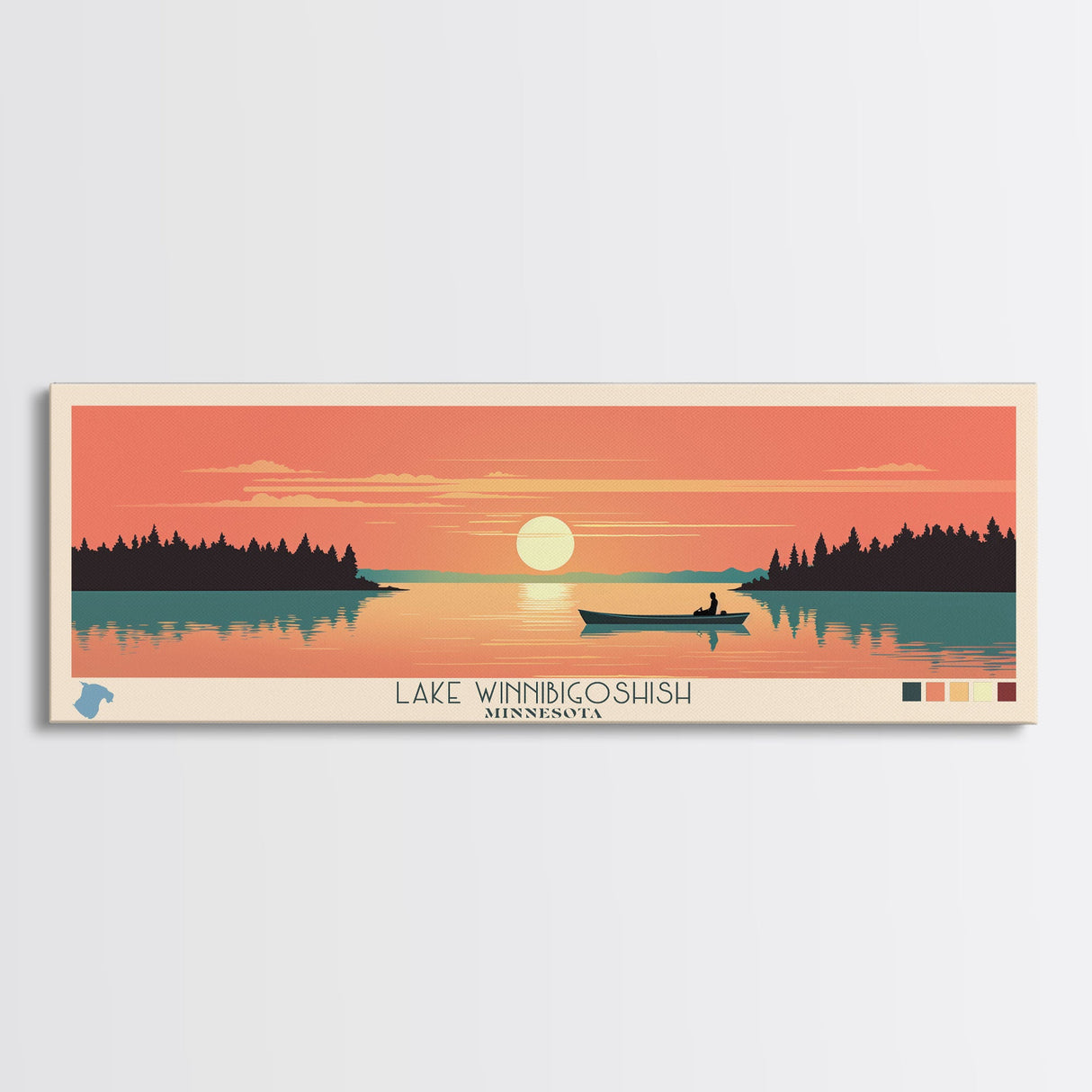 Lake Winnibigoshish, Minnesota Panoramic Wall Art Framed Canvas Print, Midcentury Modern, Pop Art, Home Decor, Travel Poster, Bedroom Art