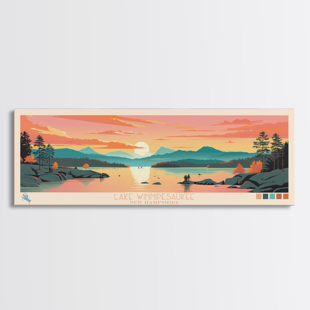 Lake Winnipesaukee, New Hampshire Panoramic Wall Art Framed Canvas Print, Midcentury Modern, Pop Art, Home Decor, Travel Poster, Living Room Art