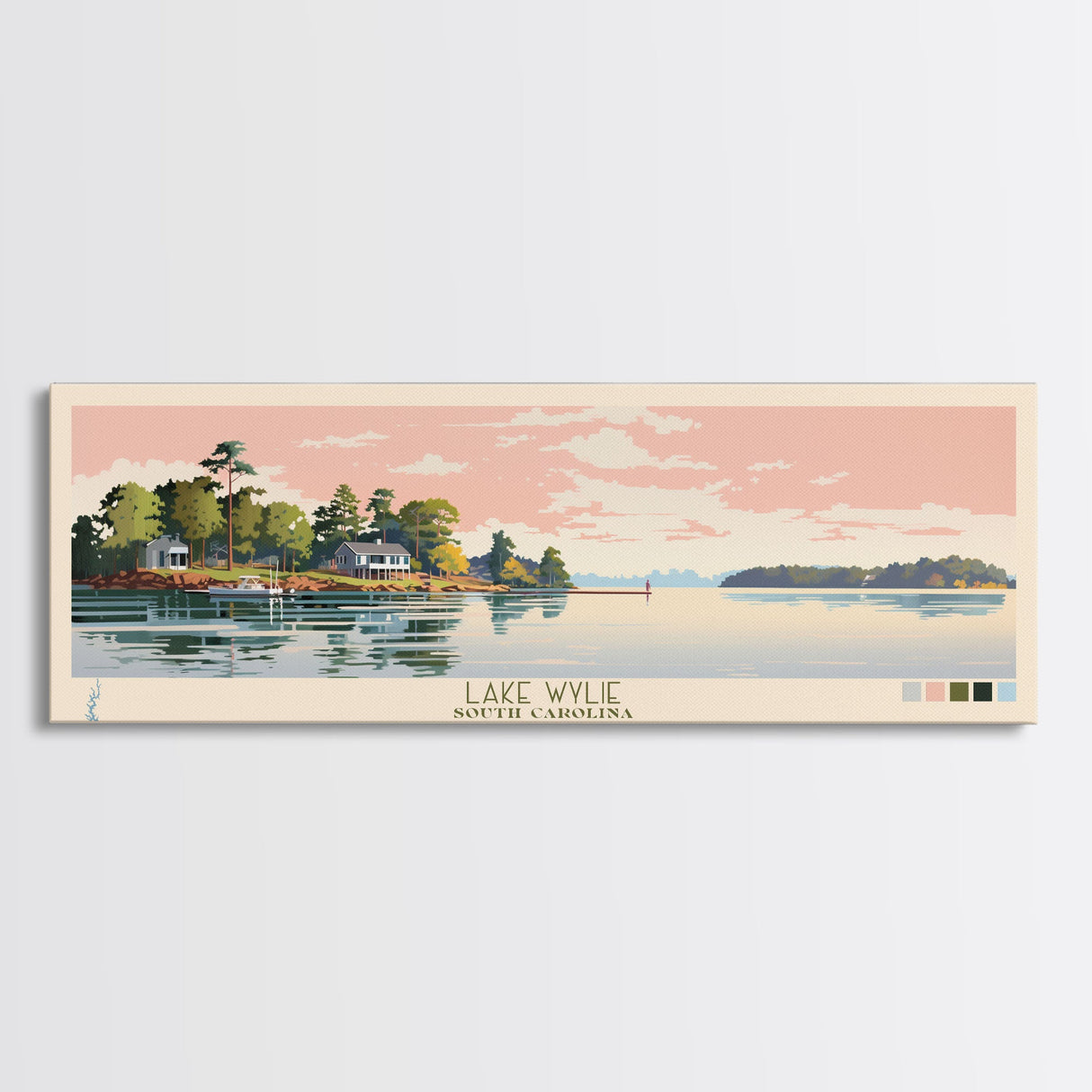 Lake Wylie, South Carolina Panoramic Wall Art Framed Canvas Print, Midcentury Modern, Pop Art, Home Decor, Travel Poster, Living Room Art