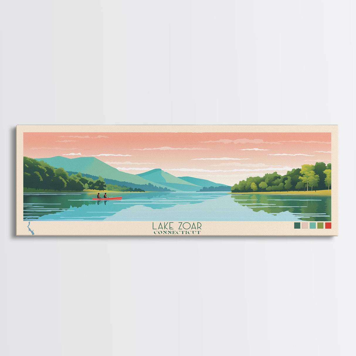 Lake Zoar, Connecticut Panoramic Wall Art Framed Canvas Print, Midcentury Modern, Pop Art, Home Decor, Travel Poster, Living Room Art