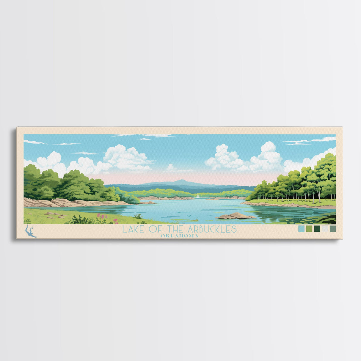 Lake of the Arbuckles Oklahoma Framed Canvas Print, Panoramic Wall Art, Midcentury Modern, Pop Art, Bedroom Art, Travel Poster, Lake House Decor