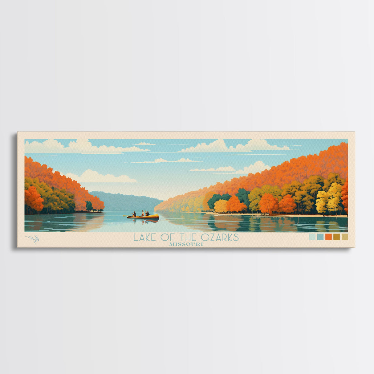 Lake of the Ozarks Missouri Framed Canvas Print, Panoramic Wall Art, Midcentury Modern, Pop Art, Bedroom Art, Travel Poster, Lake House Decor