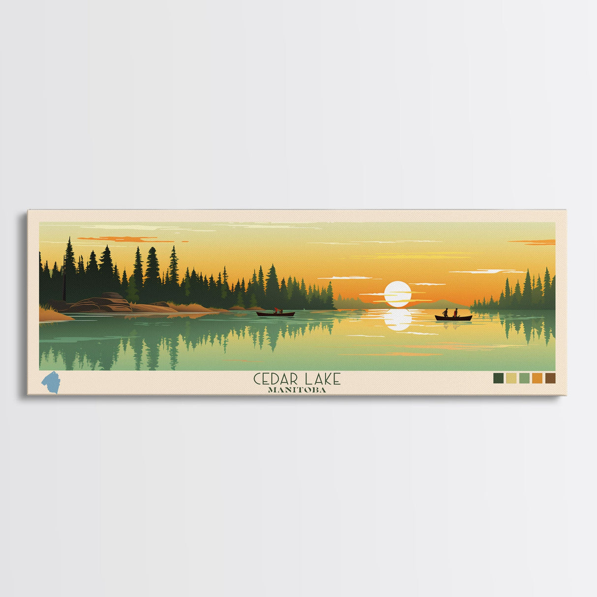 Lakes Cedar, Manitoba Panoramic Wall Art Framed Canvas Print, Midcentury Modern, Pop Art, Home Decor, Travel Poster, Living Room Art