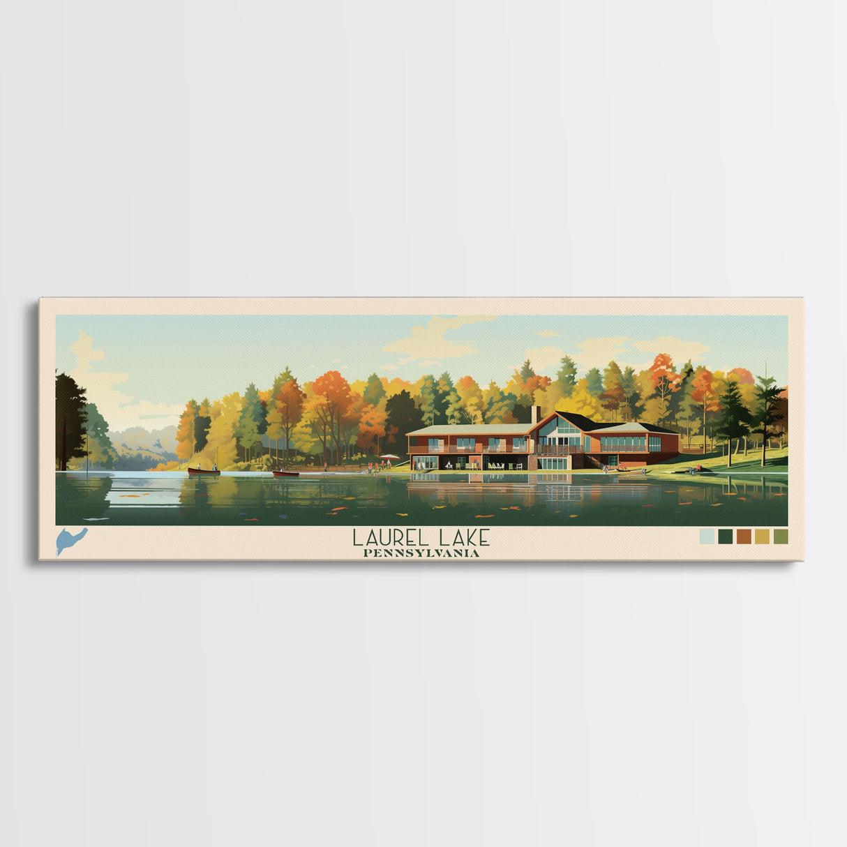 Laurel Lake, Pennsylvania Panoramic Wall Art Framed Canvas Print, Midcentury Modern, Pop Art, Home Decor, Travel Poster, Bedroom Art