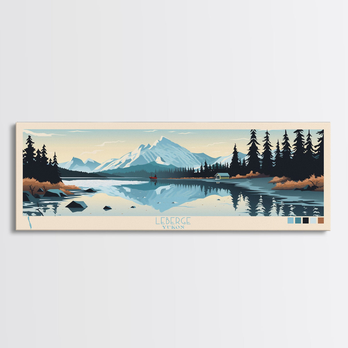 Leberge Lake, Yukon Panoramic Wall Art Framed Canvas Print, Midcentury Modern, Pop Art, Home Decor, Travel Poster, Bedroom Art