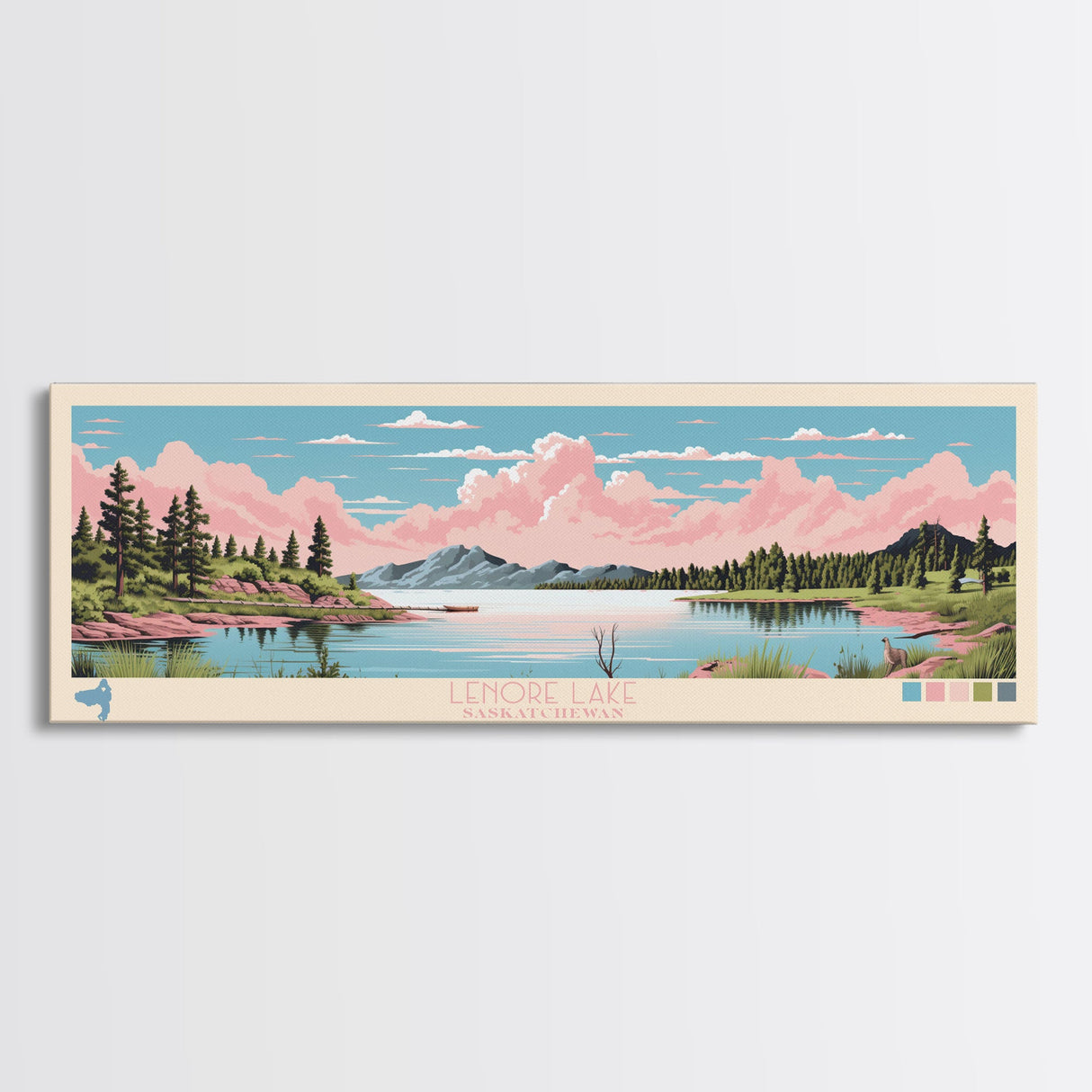 Leigh Lake, Wyoming Panoramic Wall Art Framed Canvas Print, Midcentury Modern, Pop Art, Home Decor, Travel Poster, Bedroom Art