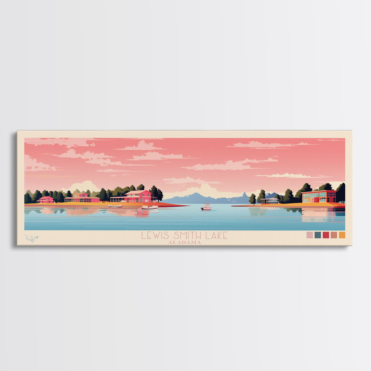 Lewis Smith Lake, Alabama Panoramic Wall Art Framed Canvas Print, Midcentury Modern, Pop Art, Home Decor, Travel Poster, Living Room Art