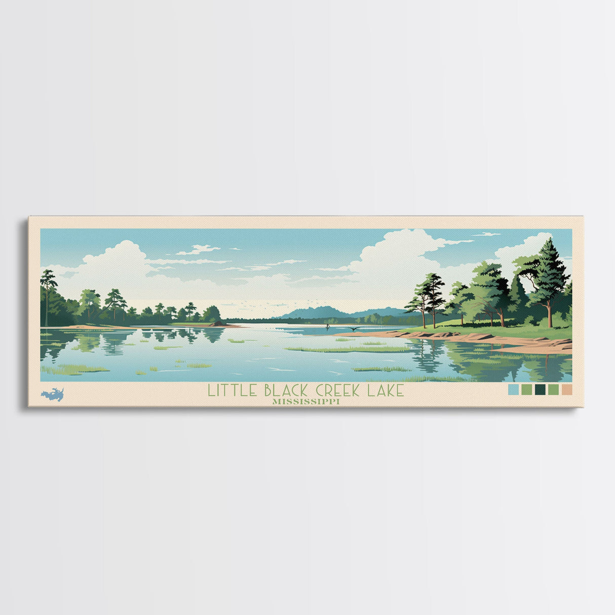 Little Black Creek Lake, Mississippi Panoramic Wall Art Framed Canvas Print, Midcentury Modern, Pop Art, Home Decor, Travel Poster, Bedroom Art