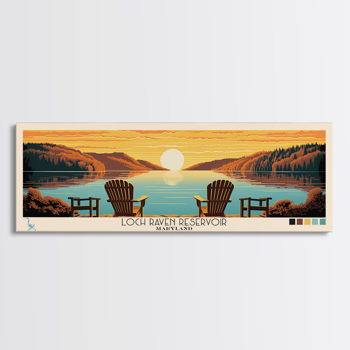 Loch Raven Reservoir, Maryland Panoramic Wall Art Framed Canvas Print, Midcentury Modern, Pop Art, Home Decor, Travel Poster, Living Room Art