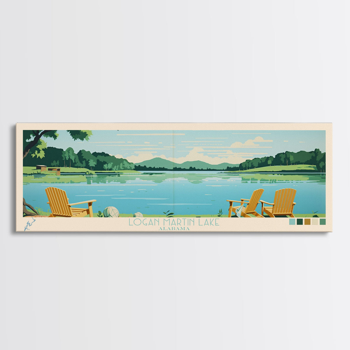 Logan Martin Lake, Alabama Panoramic Wall Art Framed Canvas Print, Midcentury Modern, Pop Art, Home Decor, Travel Poster, Bedroom Art