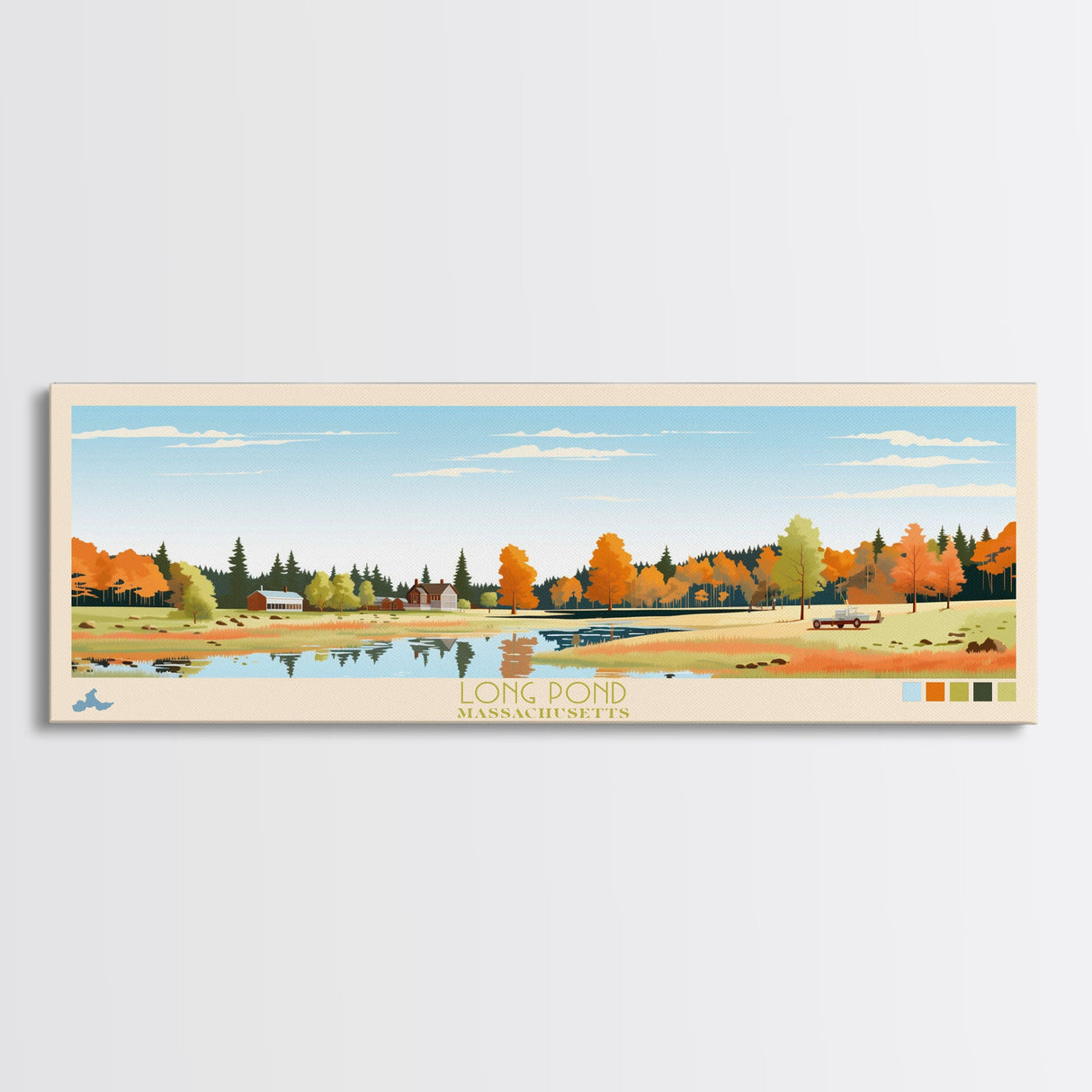 Long Pond, Massachusetts Panoramic Wall Art Framed Canvas Print, Midcentury Modern, Pop Art, Home Decor, Travel Poster, Bedroom Art