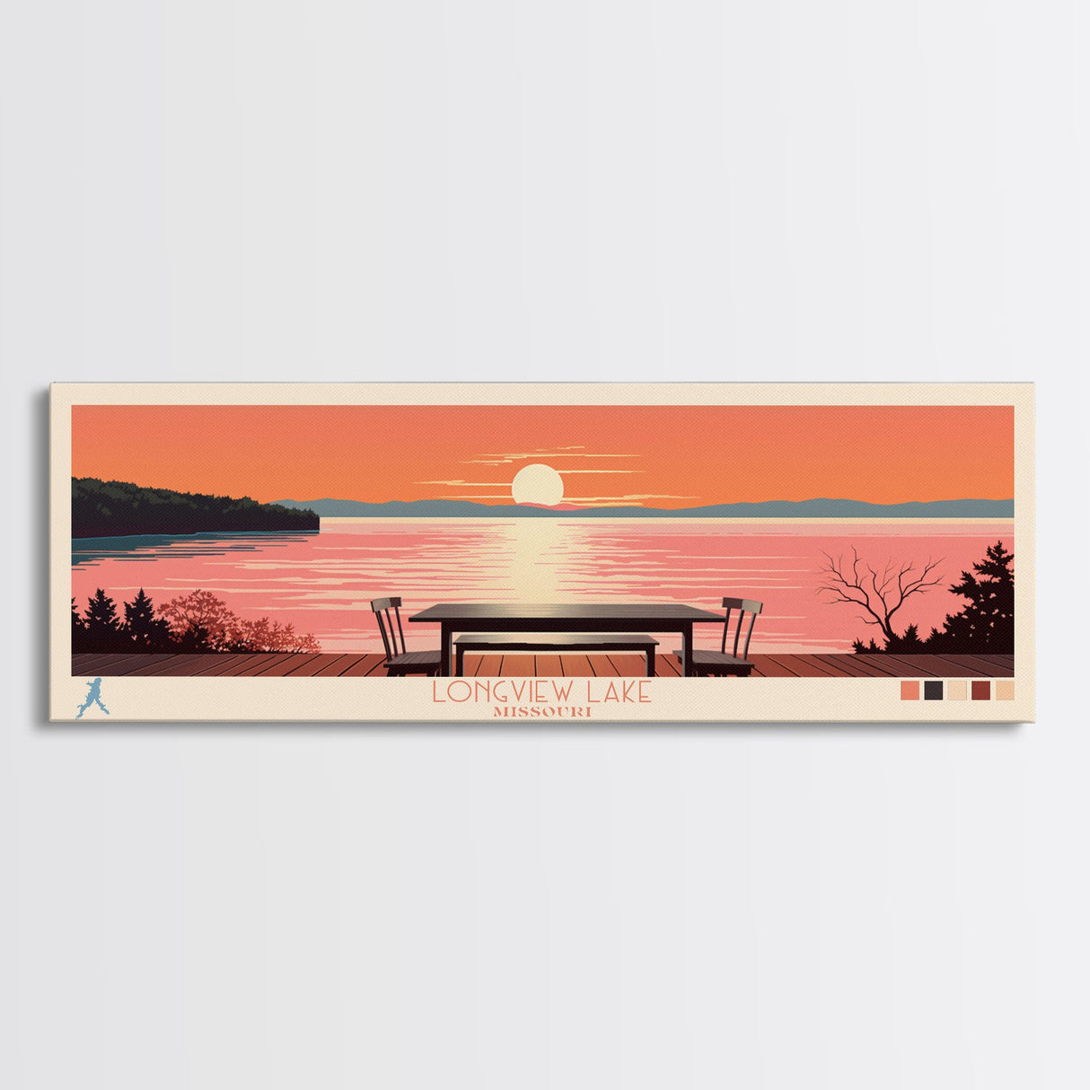 Longview Lake, Missouri Panoramic Wall Art Framed Canvas Print, Midcentury Modern, Pop Art, Home Decor, Travel Poster, Living Room Art