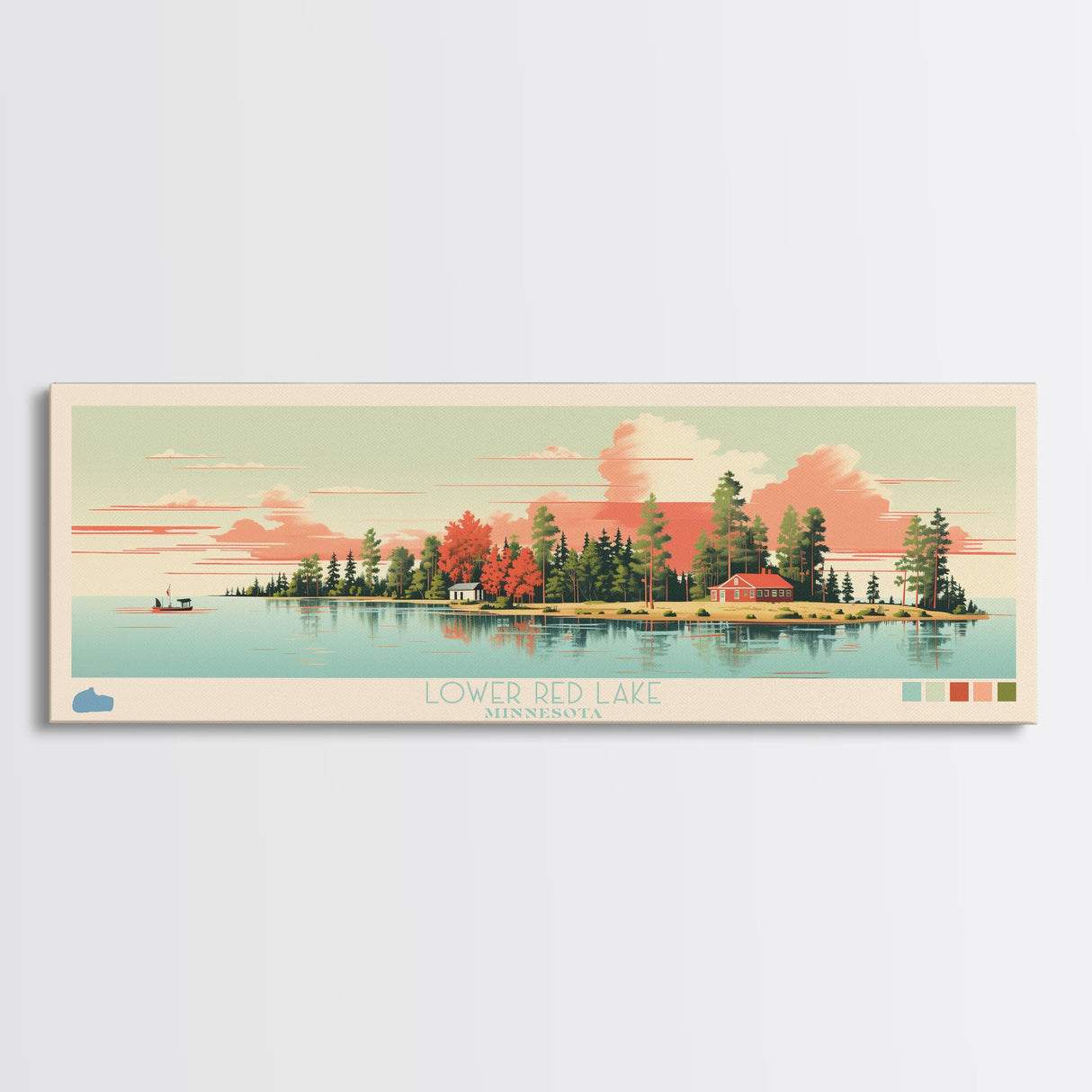 Lower Red Lake, Minnesota Panoramic Wall Art Framed Canvas Print, Midcentury Modern, Pop Art, Home Decor, Travel Poster, Living Room Art