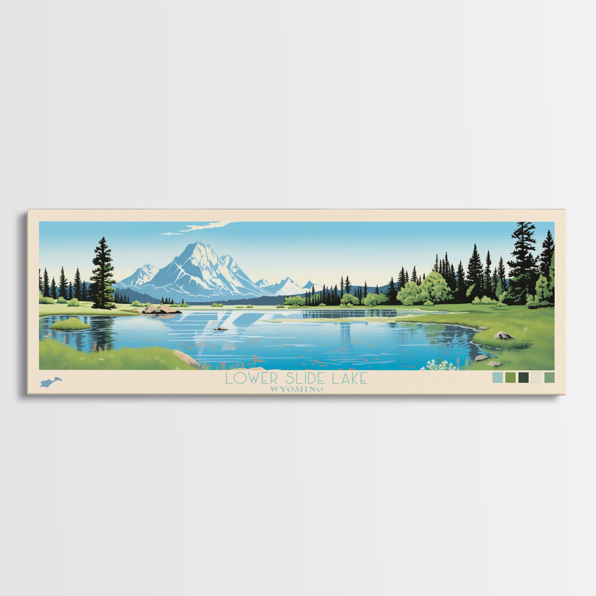 Lower Slide Lake, Wyoming Panoramic Wall Art Framed Canvas Print, Midcentury Modern, Pop Art, Home Decor, Travel Poster, Living Room Art