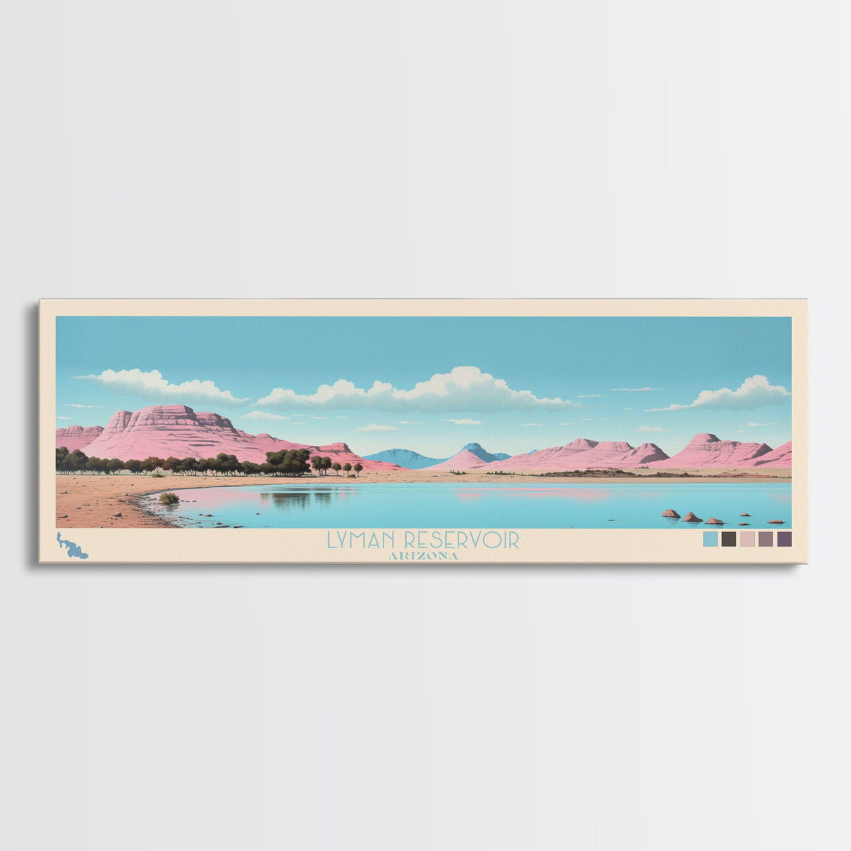 Lyman Reservoir, Arizona Panoramic Wall Art Framed Canvas Print, Midcentury Modern, Pop Art, Home Decor, Travel Poster, Bedroom Art