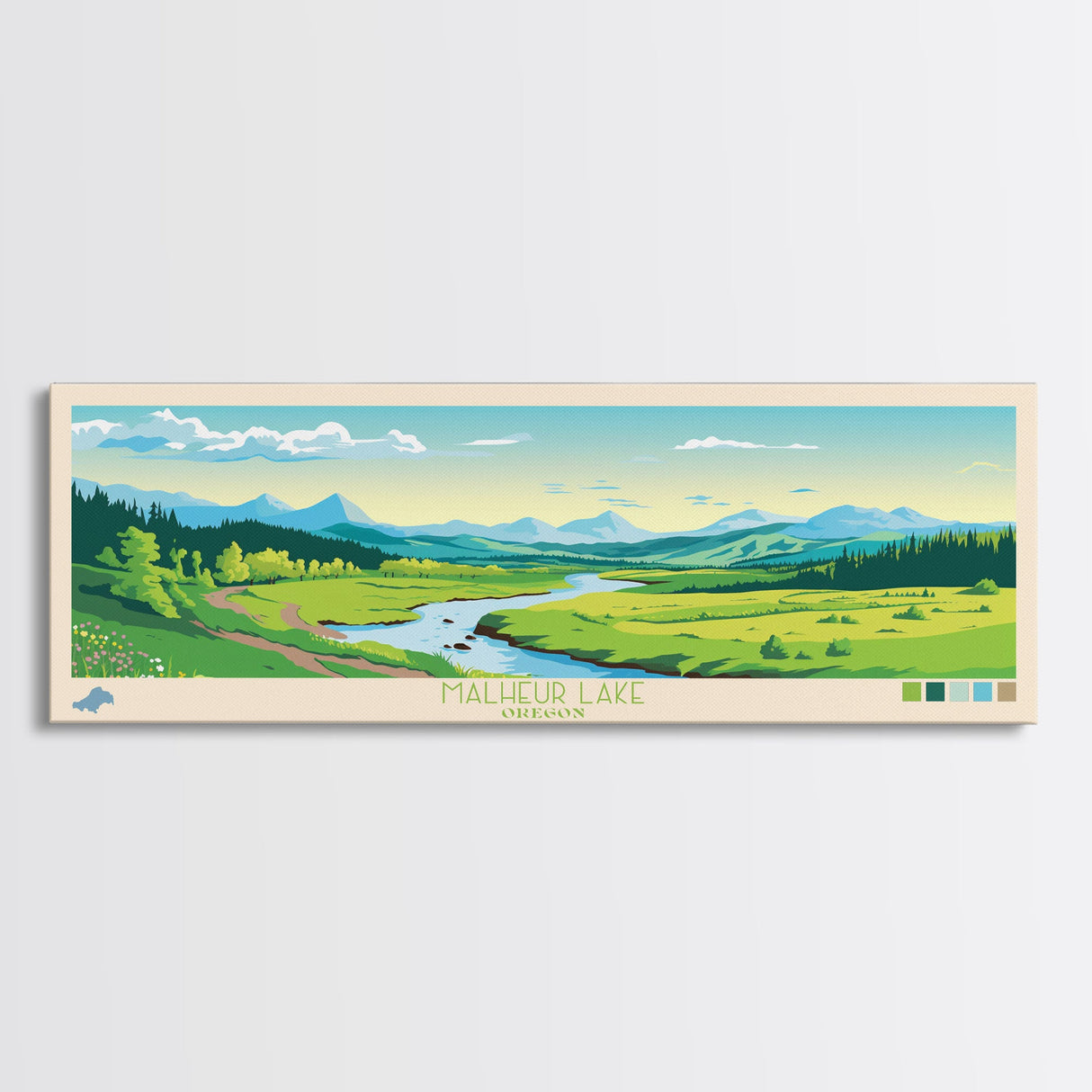 Malheur Lake, Oregon Panoramic Wall Art Framed Canvas Print, Midcentury Modern, Pop Art, Home Decor, Travel Poster, Living Room Art