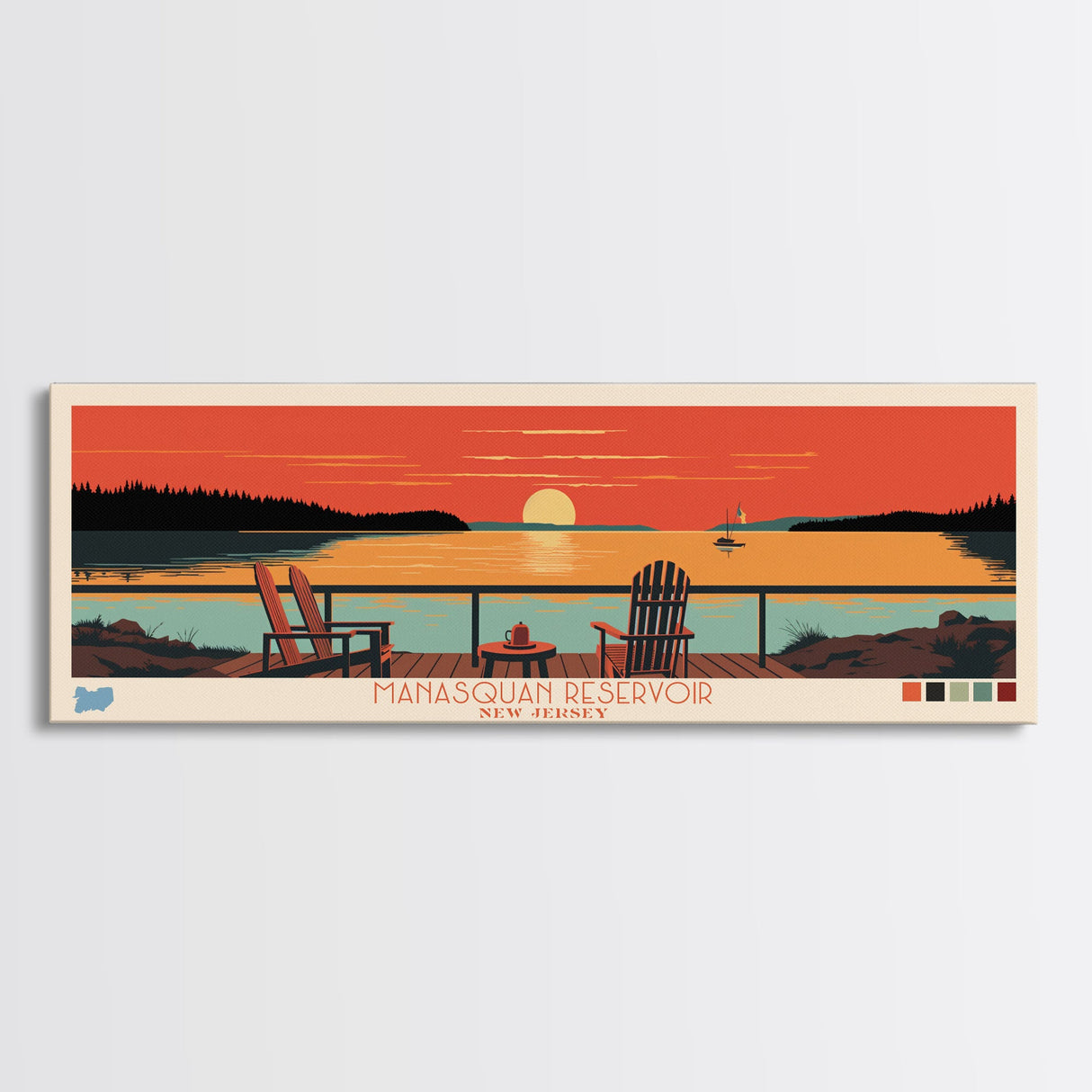 Manasquan Reservoir, New Jersey Panoramic Wall Art Framed Canvas Print, Midcentury Modern, Pop Art, Home Decor, Travel Poster, Living Room Art