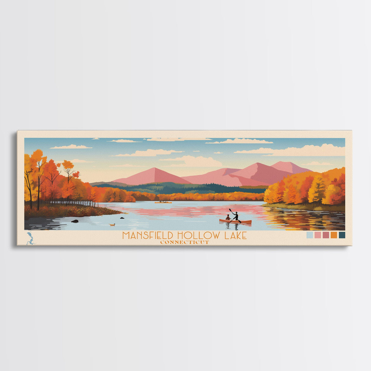 Mansfield Hollow Lake, Connecticut Panoramic Wall Art Framed Canvas Print, Midcentury Modern, Pop Art, Home Decor, Travel Poster, Living Room Art