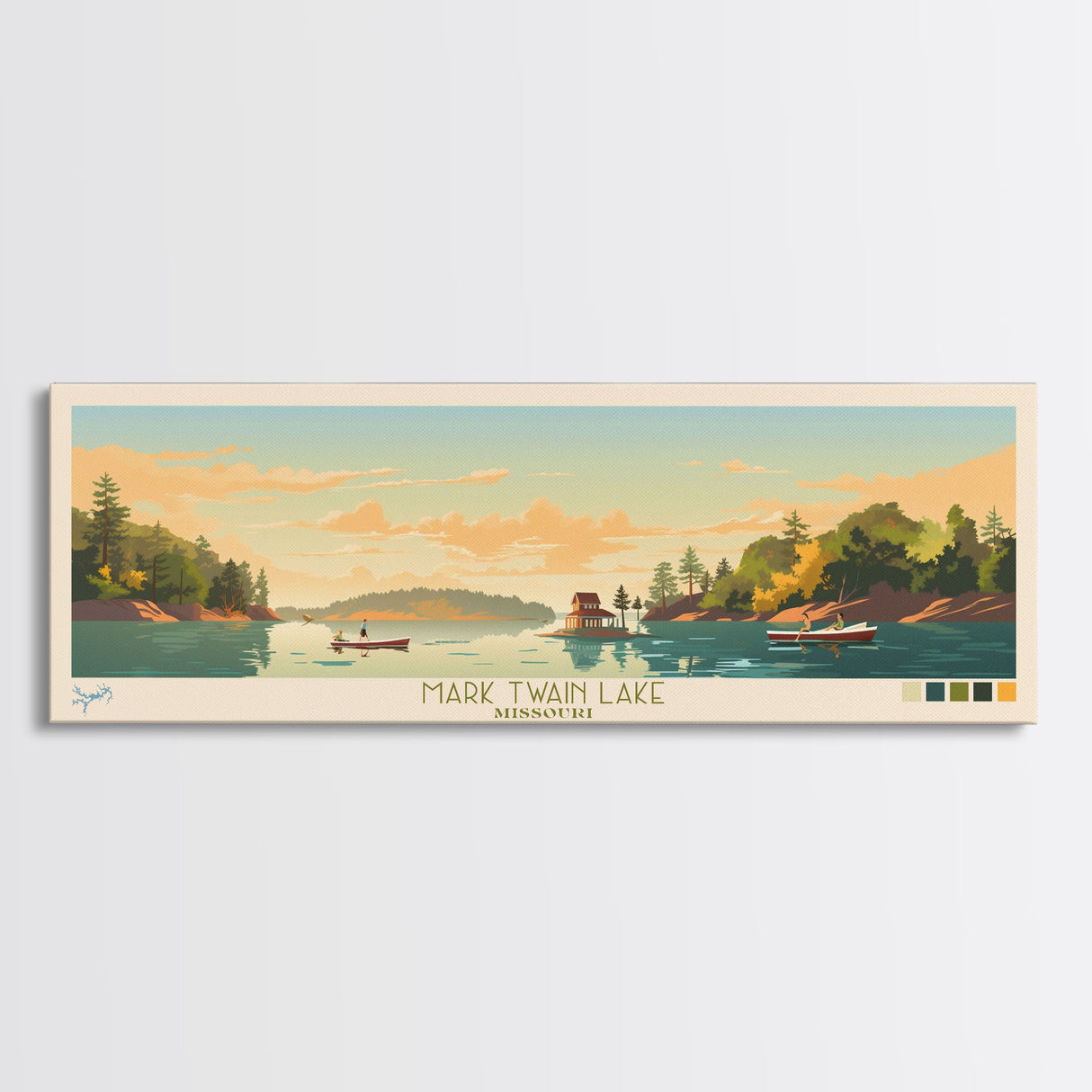 Mark Twain Lake, Missouri Panoramic Wall Art Framed Canvas Print, Midcentury Modern, Pop Art, Home Decor, Travel Poster, Bedroom Art