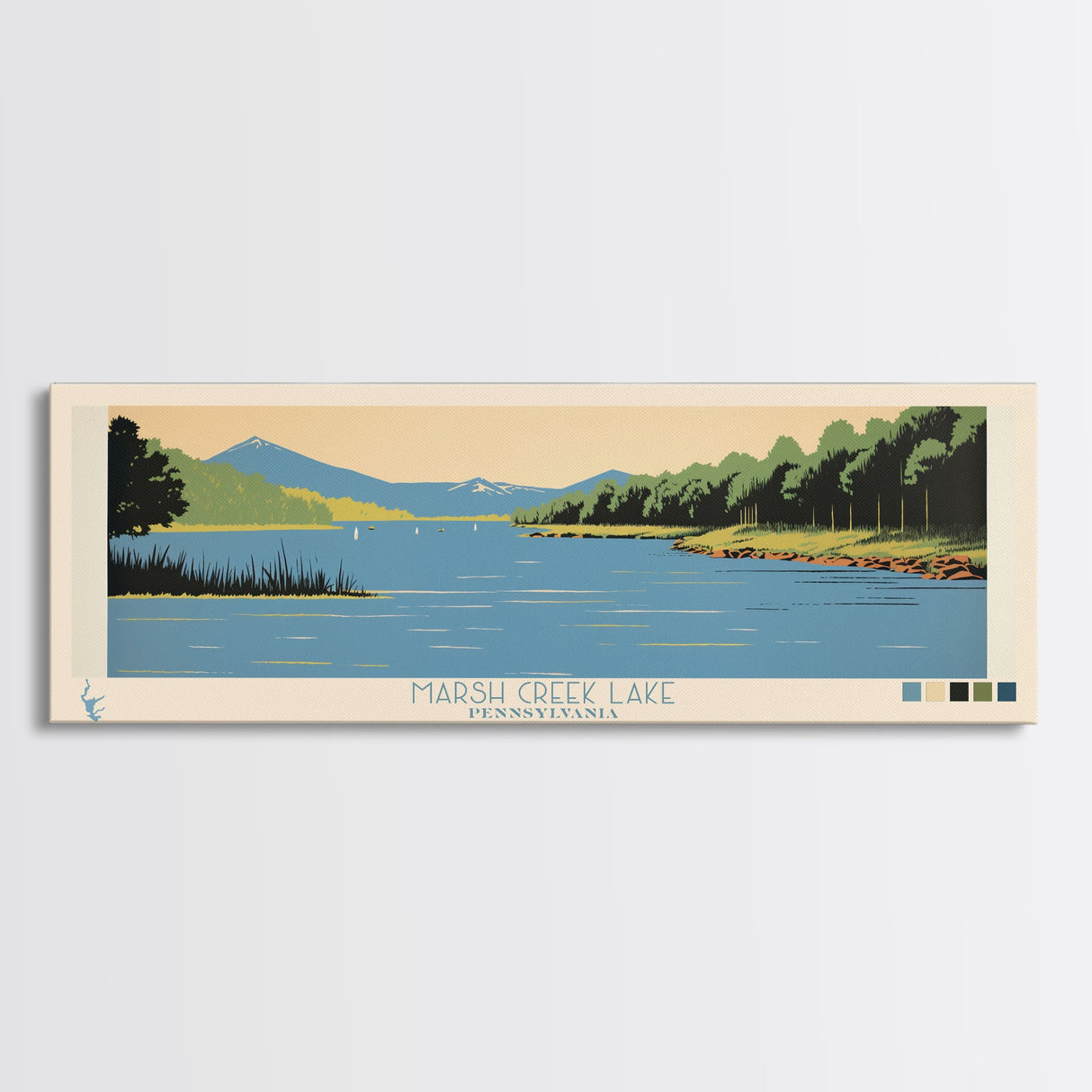 Marsh Creek Lake, Pennsylvania Panoramic Wall Art Framed Canvas Print, Midcentury Modern, Pop Art, Home Decor, Travel Poster, Bedroom Art