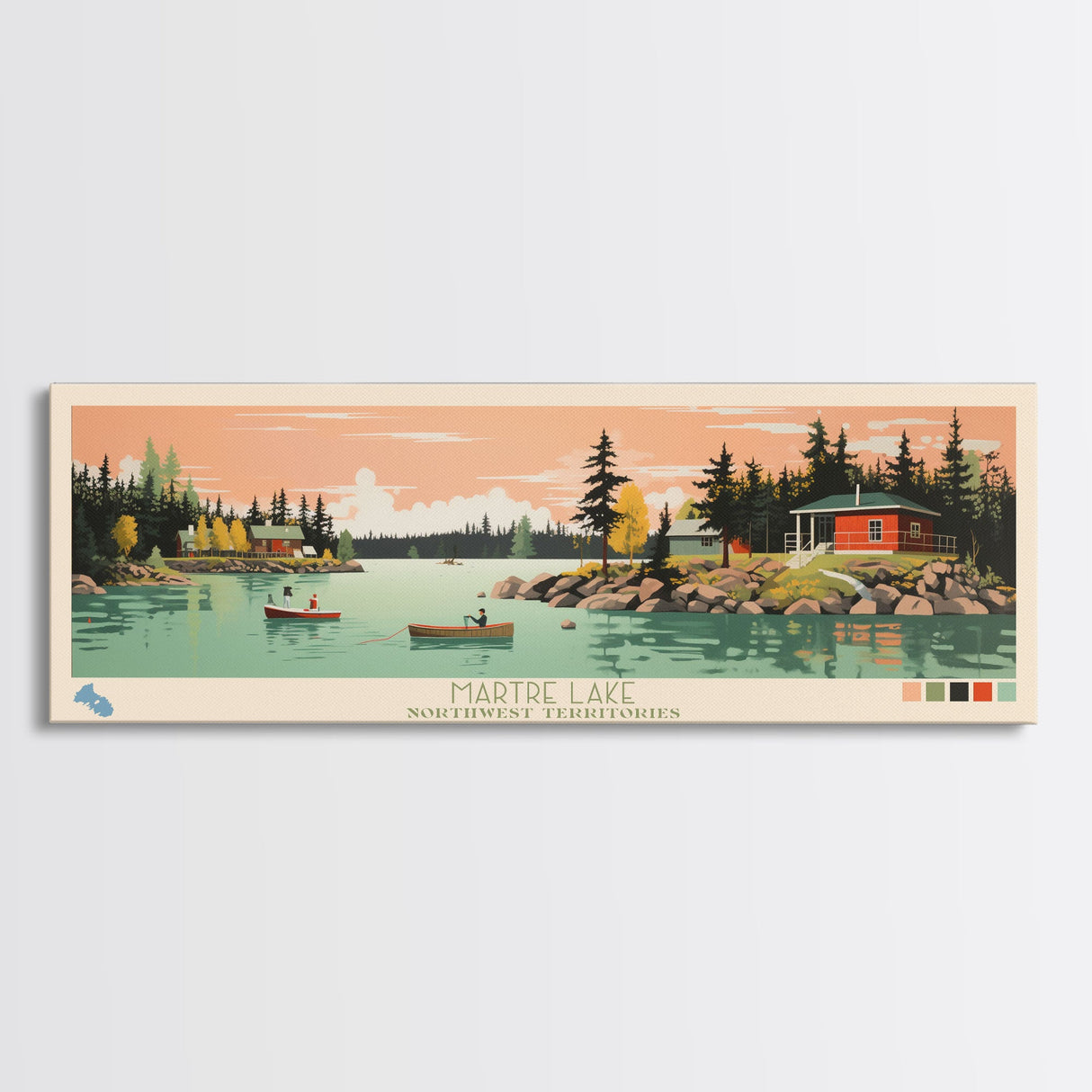 Martre Lake, Northwest Territories Panoramic Wall Art Framed Canvas Print, Midcentury Modern, Pop Art, Home Decor, Travel Poster, Living Room Art