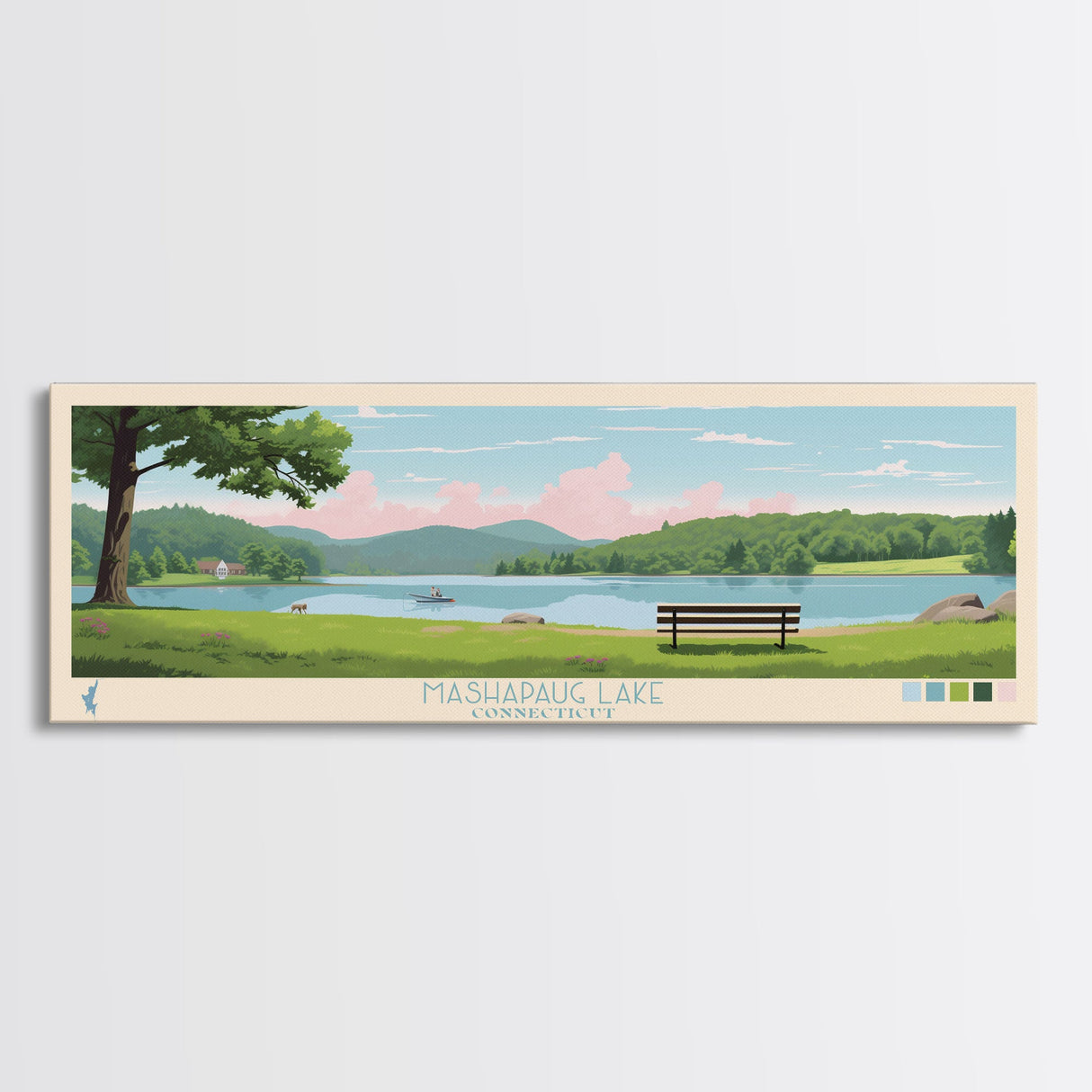 Mashapaug Lake, Connecticut Panoramic Wall Art Framed Canvas Print, Midcentury Modern, Pop Art, Home Decor, Travel Poster, Living Room Art