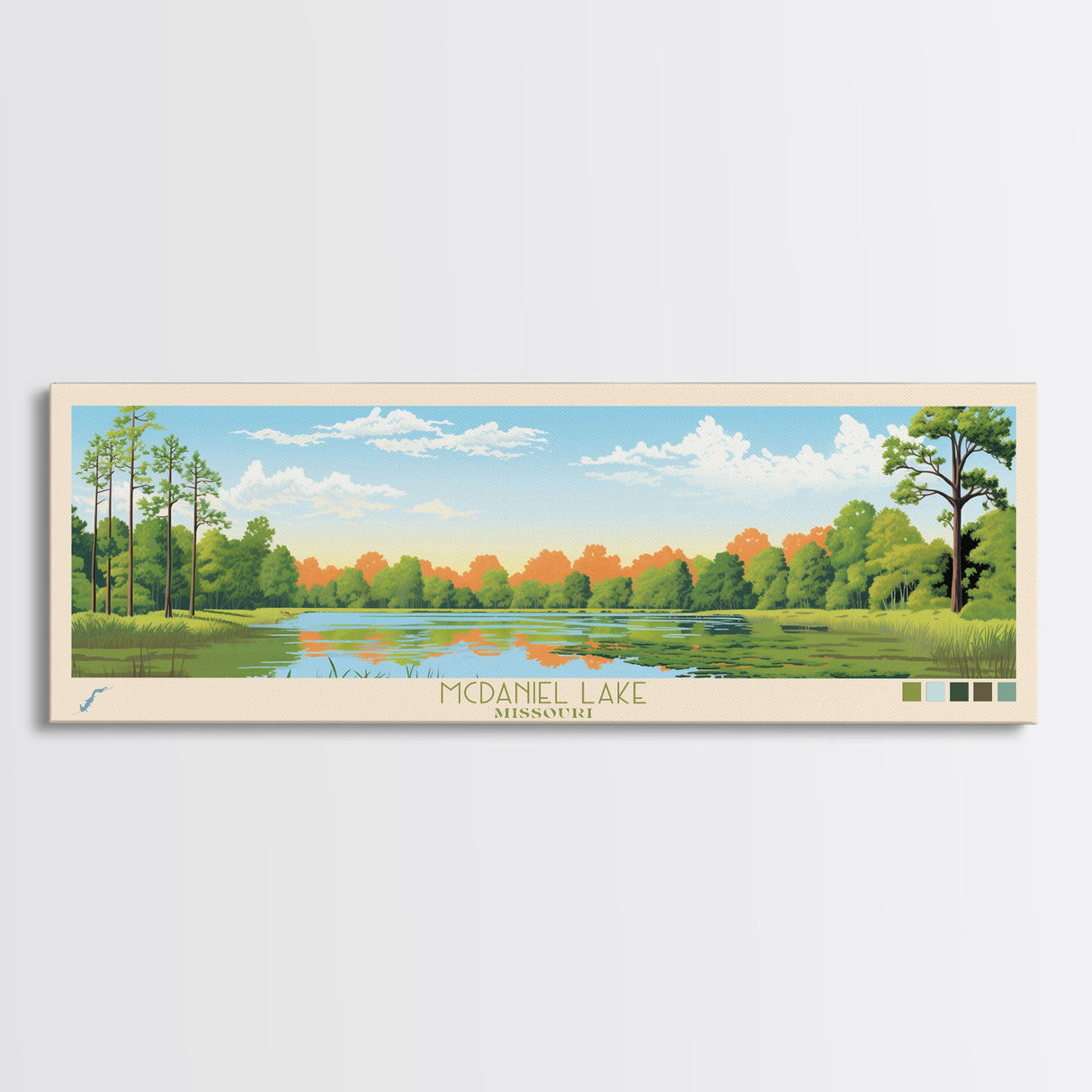 McDaniel Lake, Missouri Panoramic Wall Art Framed Canvas Print, Midcentury Modern, Pop Art, Home Decor, Travel Poster, Living Room Art