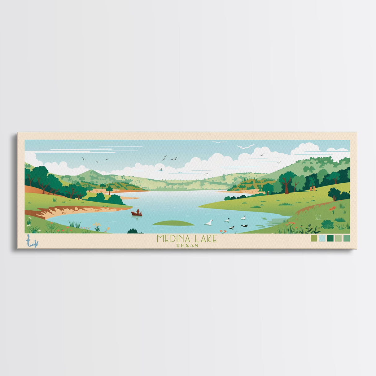 Medina Lake, Texas Panoramic Wall Art Framed Canvas Print, Midcentury Modern, Pop Art, Home Decor, Travel Poster, Bedroom Art