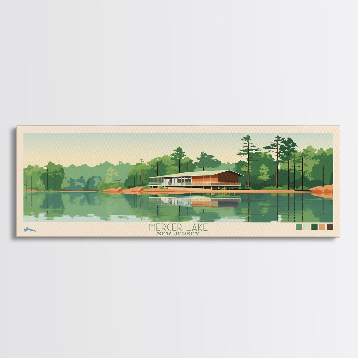 Mercer Lake, New Jersey Panoramic Wall Art Framed Canvas Print, Midcentury Modern, Pop Art, Home Decor, Travel Poster, Bedroom Art