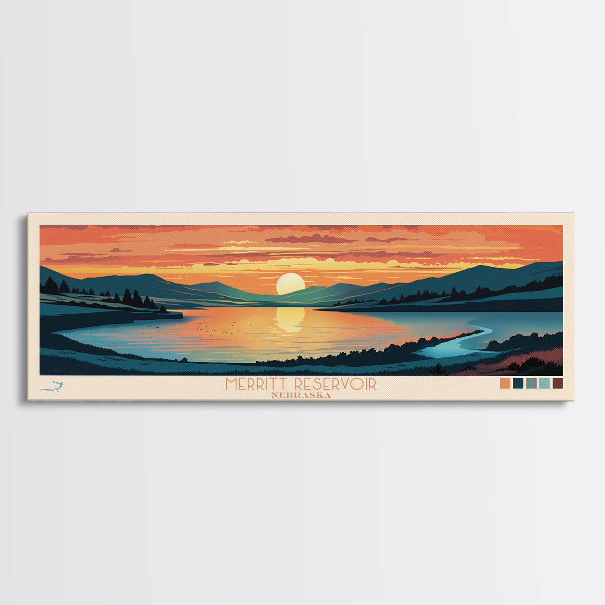 Merritt Reservoir, Nebraska Panoramic Wall Art Framed Canvas Print, Midcentury Modern, Pop Art, Home Decor, Travel Poster, Bedroom Art