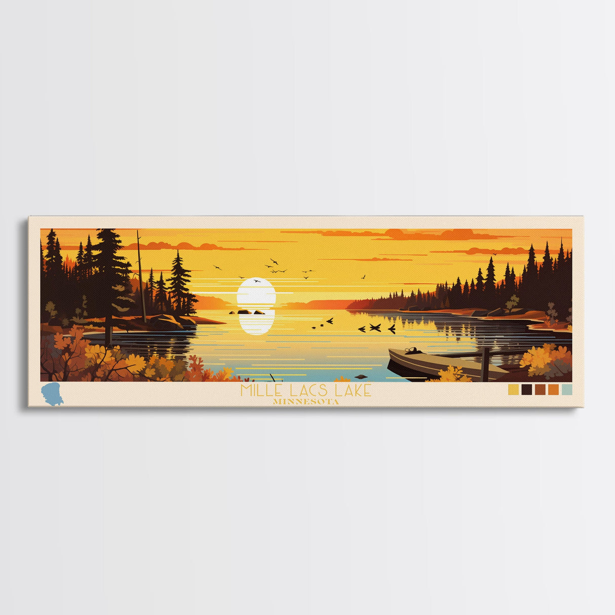 Mille Lacs Lake, Minnesota Framed Canvas Print, Panoramic Wall Art, Midcentury Modern, Pop Art, Home Decor, Travel Poster, Living Room Art