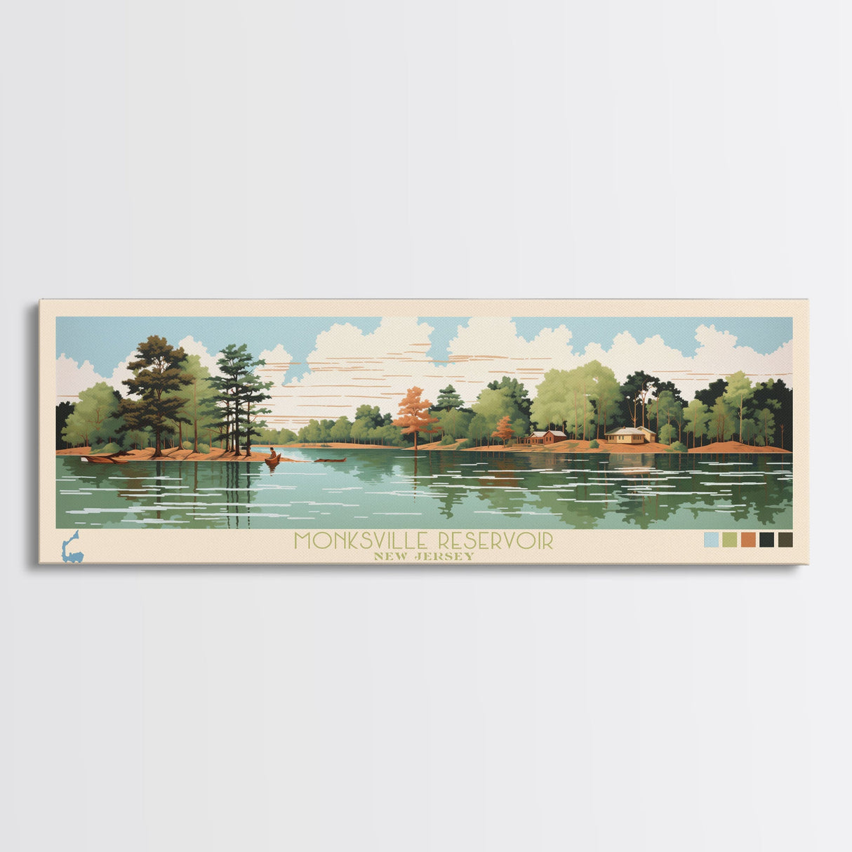 Monksville Reservoir, New Jersey Framed Canvas Print, Panoramic Wall Art, Midcentury Modern, Pop Art, Home Decor, Travel Poster, Living Room Art