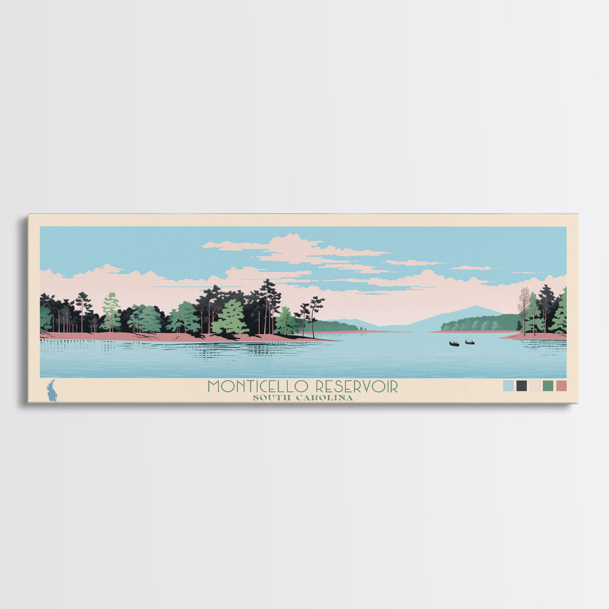 Monticello Reservoir, South Carolina Framed Canvas Print, Panoramic Wall Art, Midcentury Modern, Pop Art, Home Decor, Travel Poster, Bedroom Art