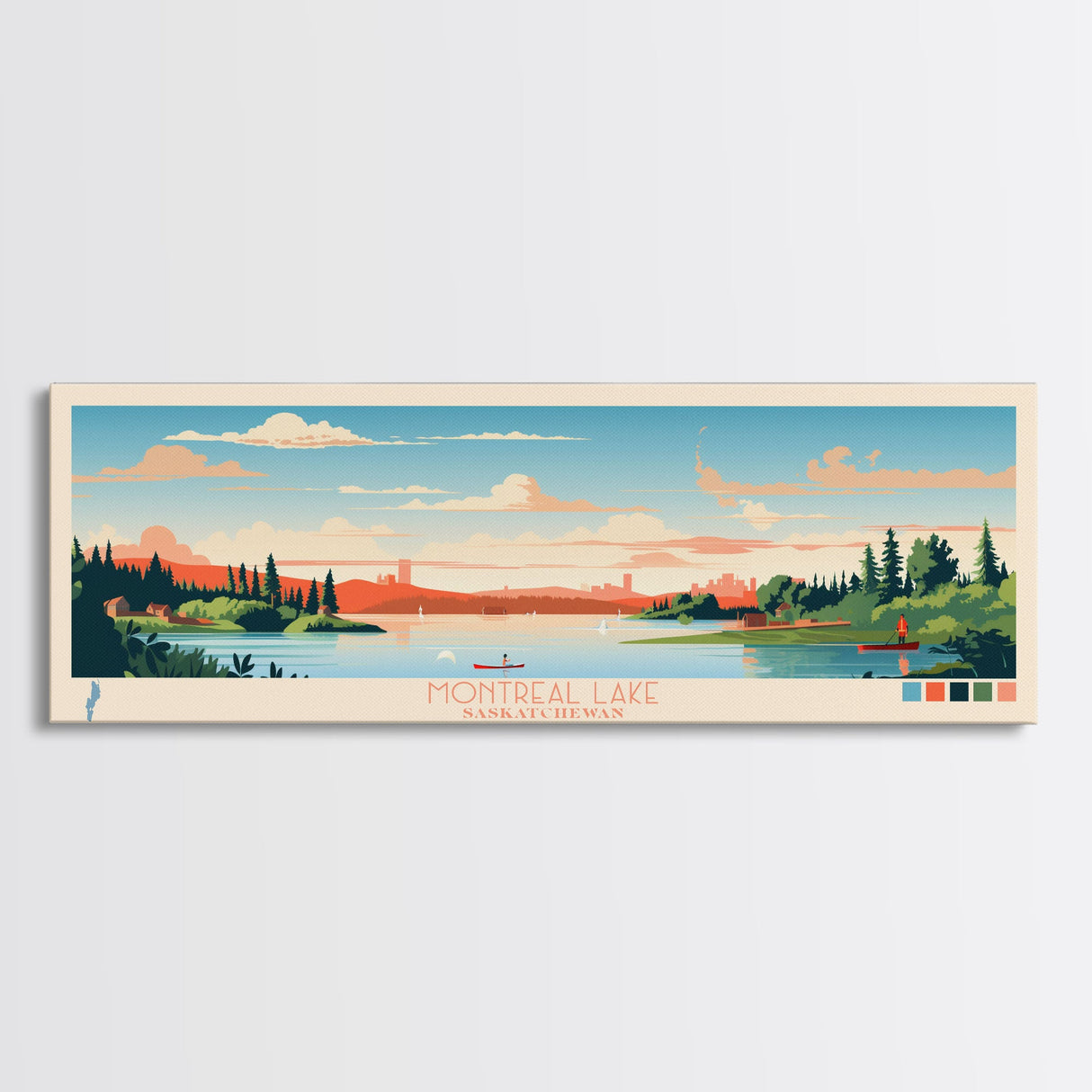 Montreal Lake, Saskatchewan Framed Canvas Print, Panoramic Wall Art, Midcentury Modern, Pop Art, Home Decor, Travel Poster, Living Room Art