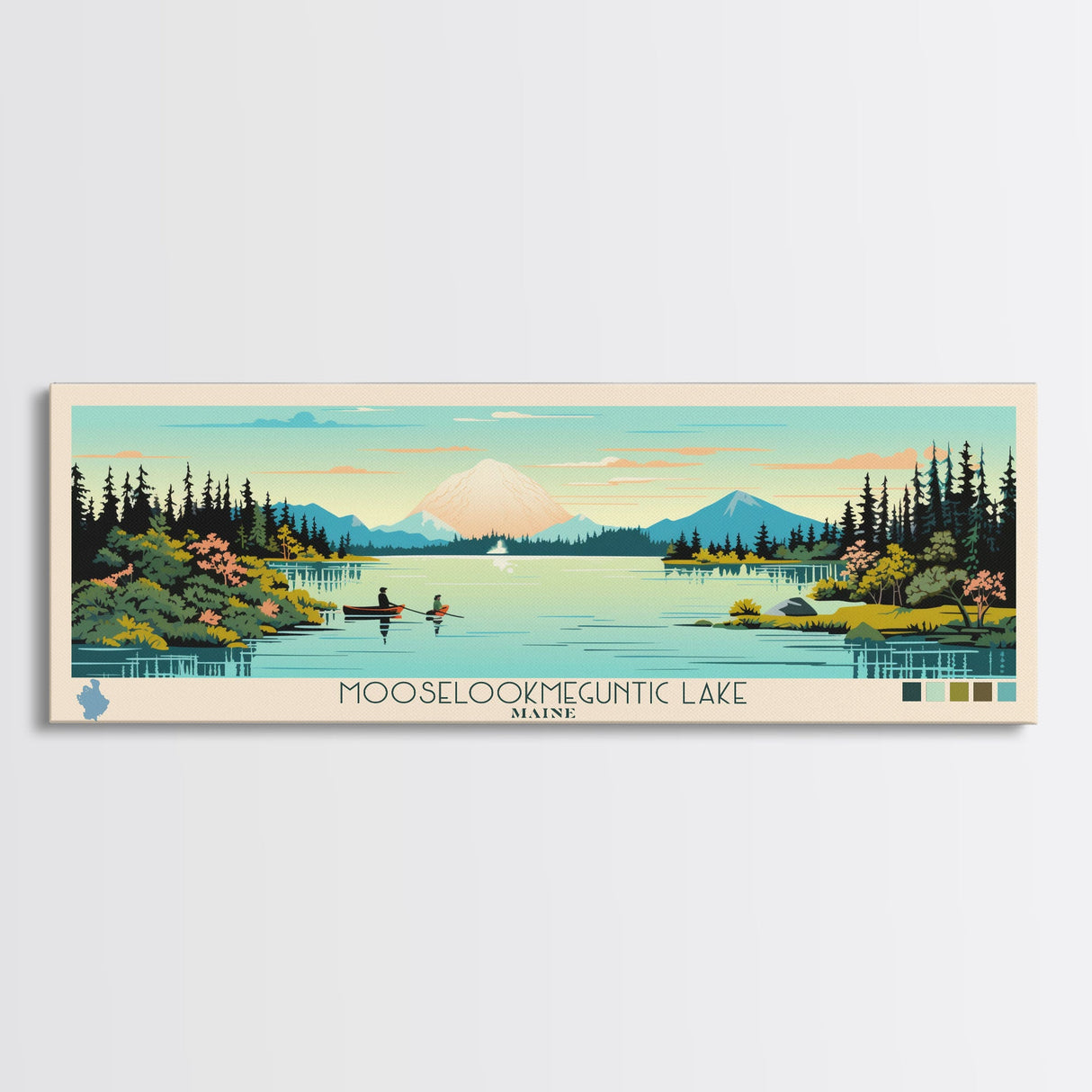 Mooselookmeguntic Lake, Maine Framed Canvas Print, Panoramic Wall Art, Midcentury Modern, Pop Art, Home Decor, Travel Poster, Living Room Art