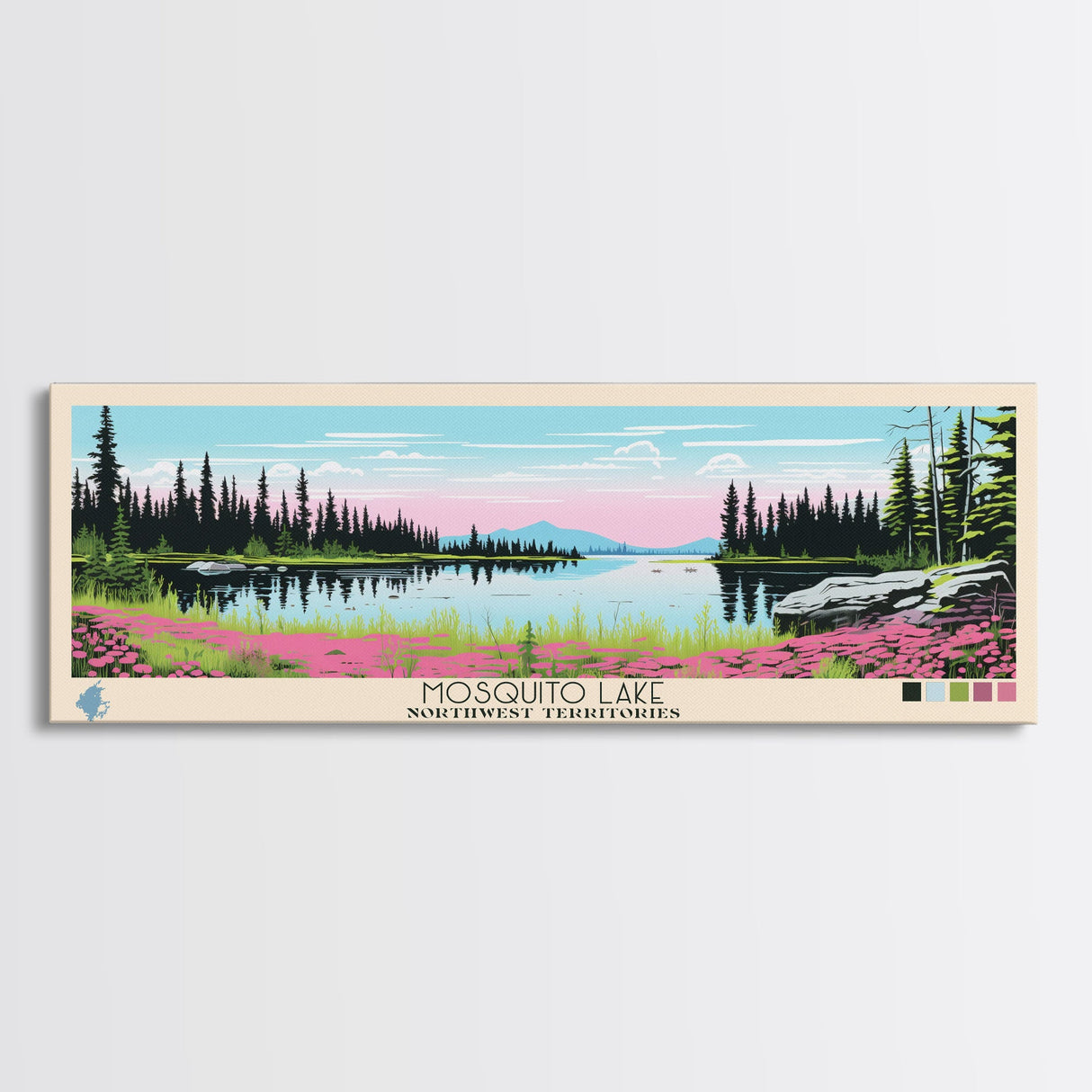 Mosquito Lake, Northwest Territories Framed Canvas Print, Panoramic Wall Art, Midcentury Modern, Pop Art, Home Decor, Travel Poster, Bedroom Art