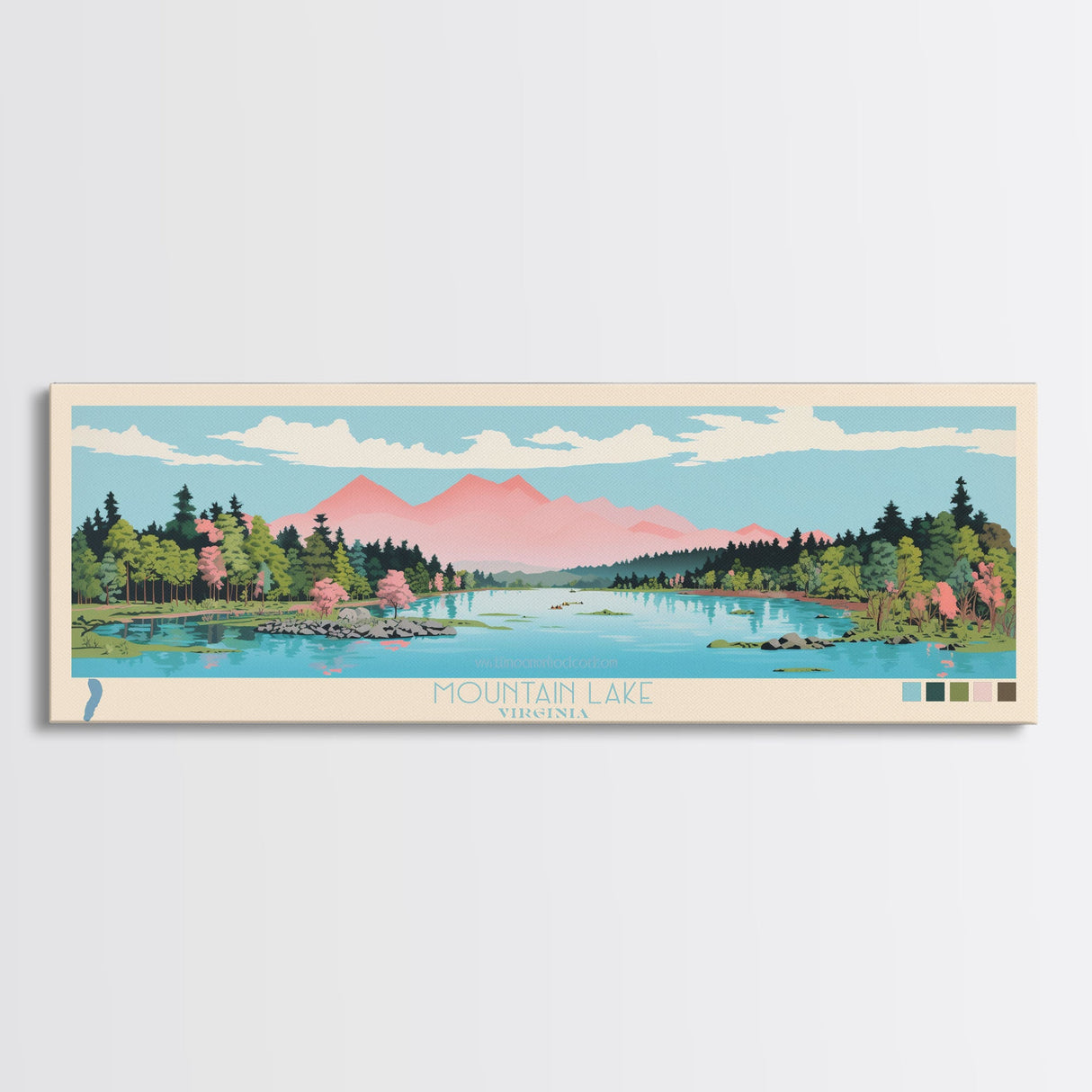 Mountain Lake, Virginia Framed Canvas Print, Panoramic Wall Art, Midcentury Modern, Pop Art, Home Decor, Travel Poster, Bedroom Art