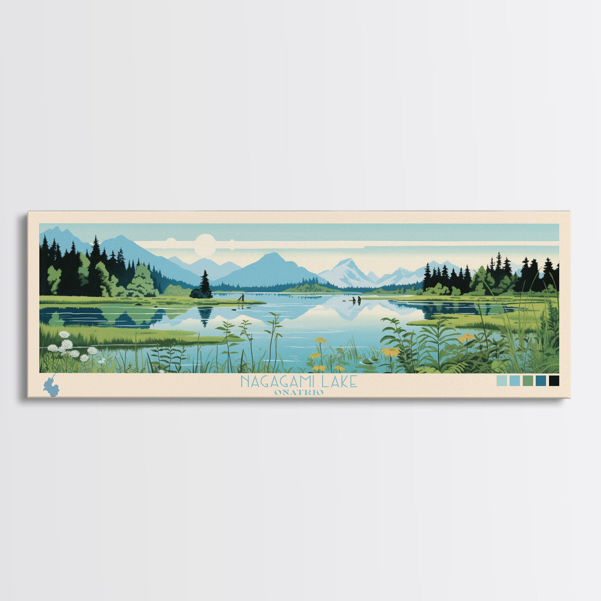 Nagagami Lake, Ontario Framed Canvas Print, Panoramic Wall Art, Midcentury Modern, Pop Art, Home Decor, Travel Poster, Living Room Art