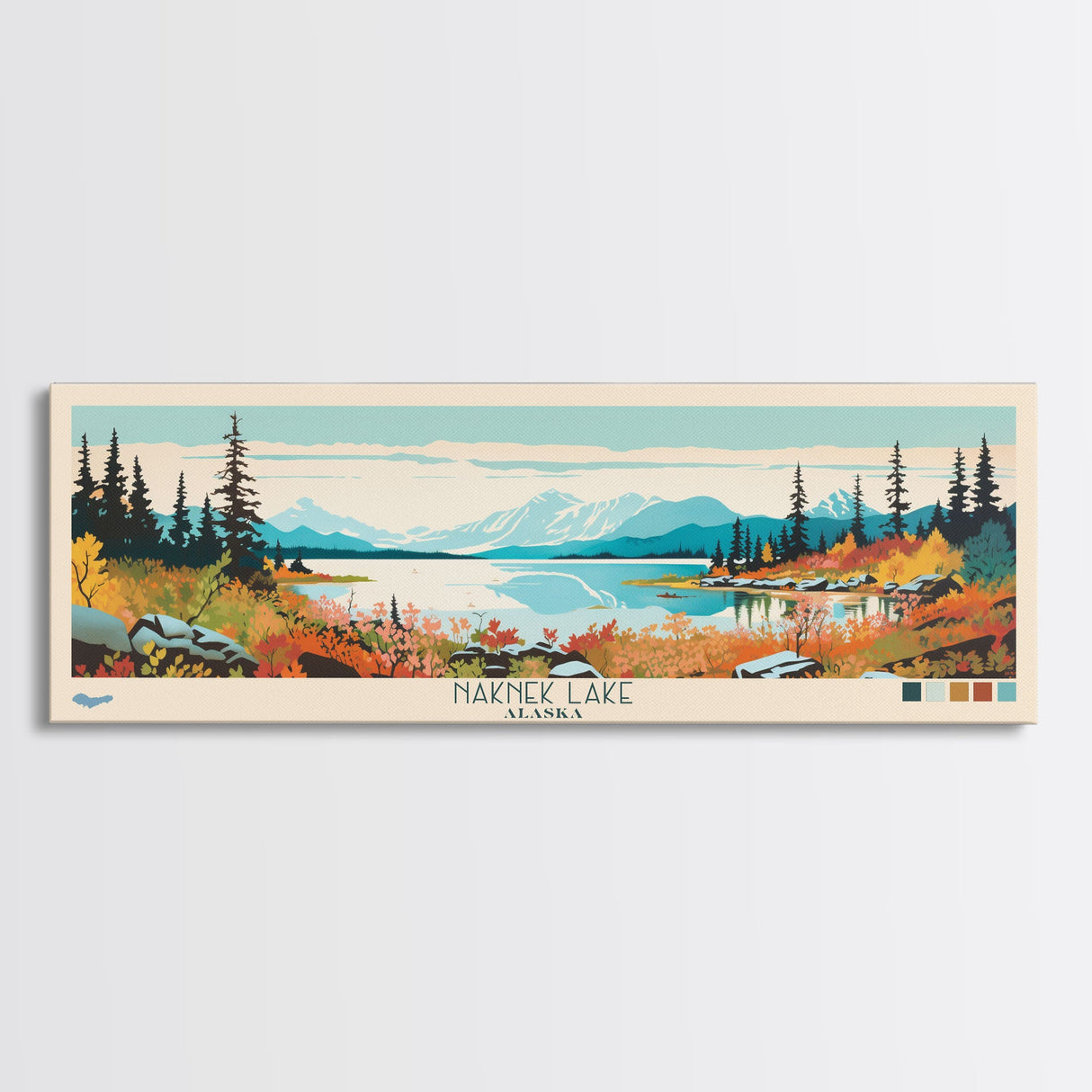 Naknek Lake, Alaska Framed Canvas Print, Panoramic Wall Art, Midcentury Modern, Pop Art, Home Decor, Travel Poster, Living Room Art