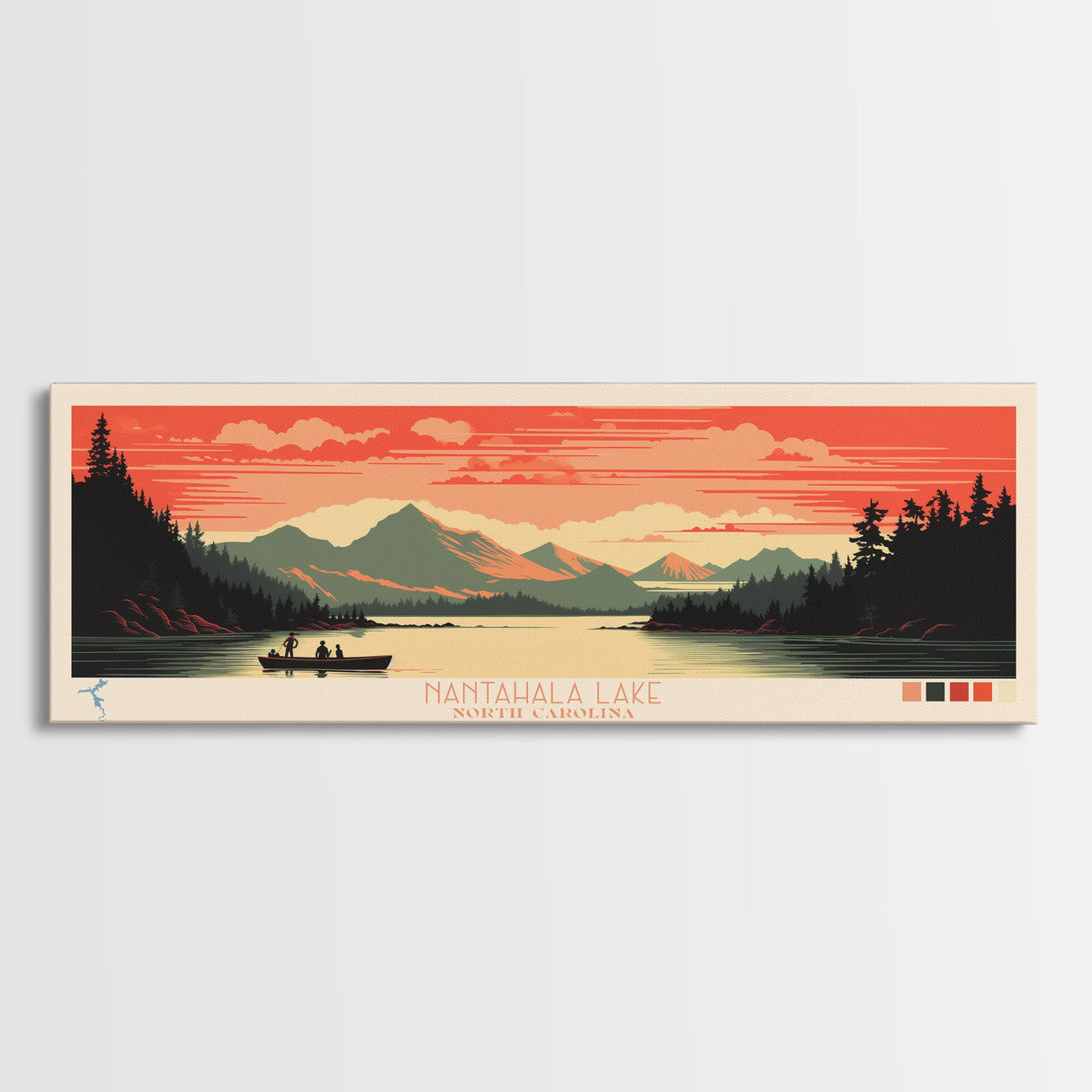 Nantahala Lake, North Carolina Framed Canvas Print, Panoramic Wall Art, Midcentury Modern, Pop Art, Home Decor, Travel Poster, Bedroom Art