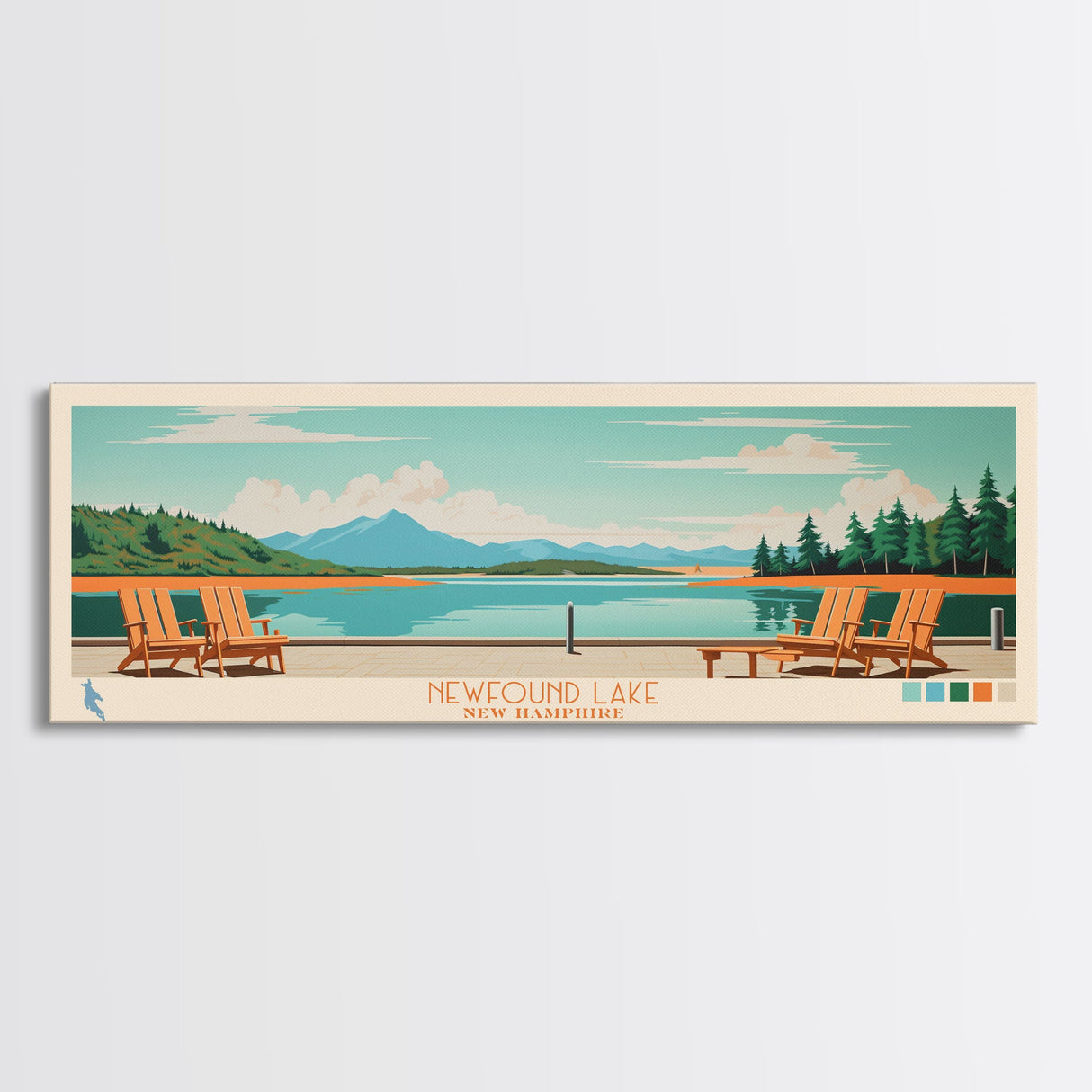 Newfound Lake, New Hampshire Framed Canvas Print, Panoramic Wall Art, Midcentury Modern, Pop Art, Home Decor, Travel Poster, Living Room Art